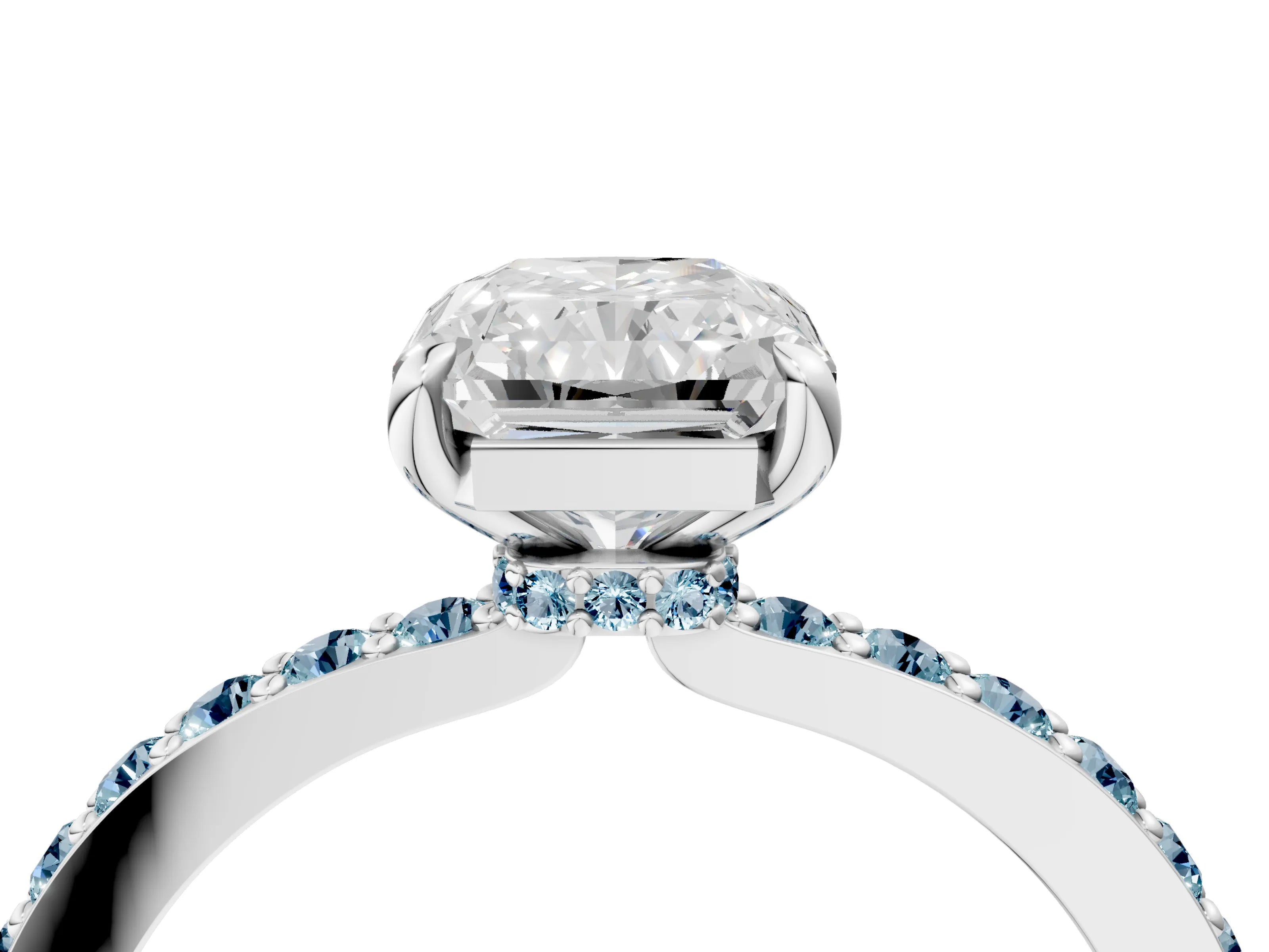 White gold Radiant Cut Diamond Pavé Engagement Ring with Round with Aquamarine side stone Accents and Prong Setting_4