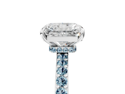 White gold Radiant Cut Diamond Pavé Engagement Ring with Round with Aquamarine side stone Accents and Prong Setting_5