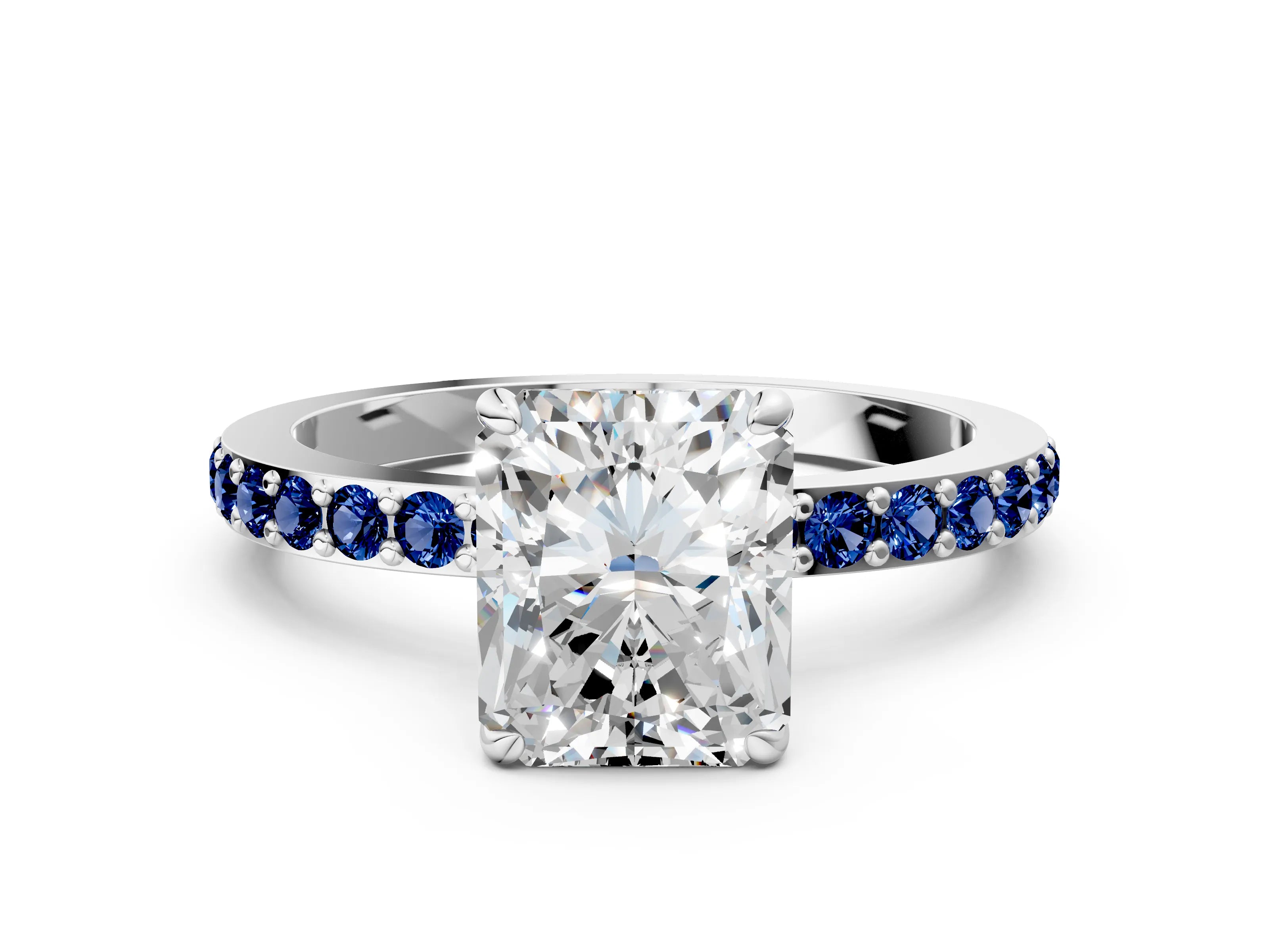 White gold Radiant Cut Diamond Pavé Engagement Ring with Round with Blue Sapphire side stone Accents and Prong Setting