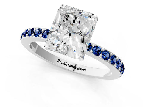White gold Radiant Cut Diamond Pavé Engagement Ring with Round with Blue Sapphire side stone Accents and Prong Setting_1
