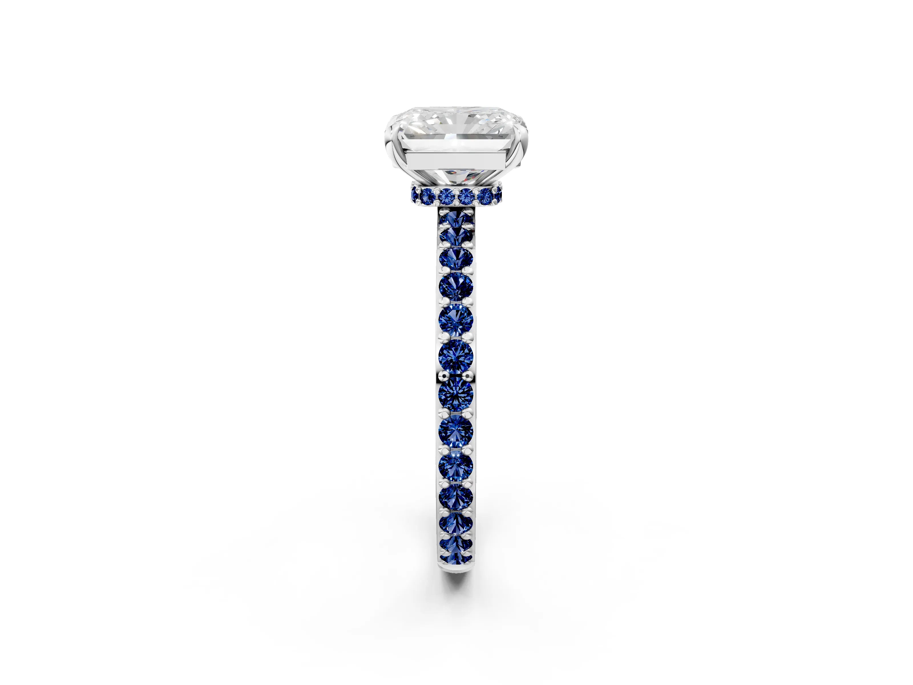 White gold Radiant Cut Diamond Pavé Engagement Ring with Round with Blue Sapphire side stone Accents and Prong Setting_2