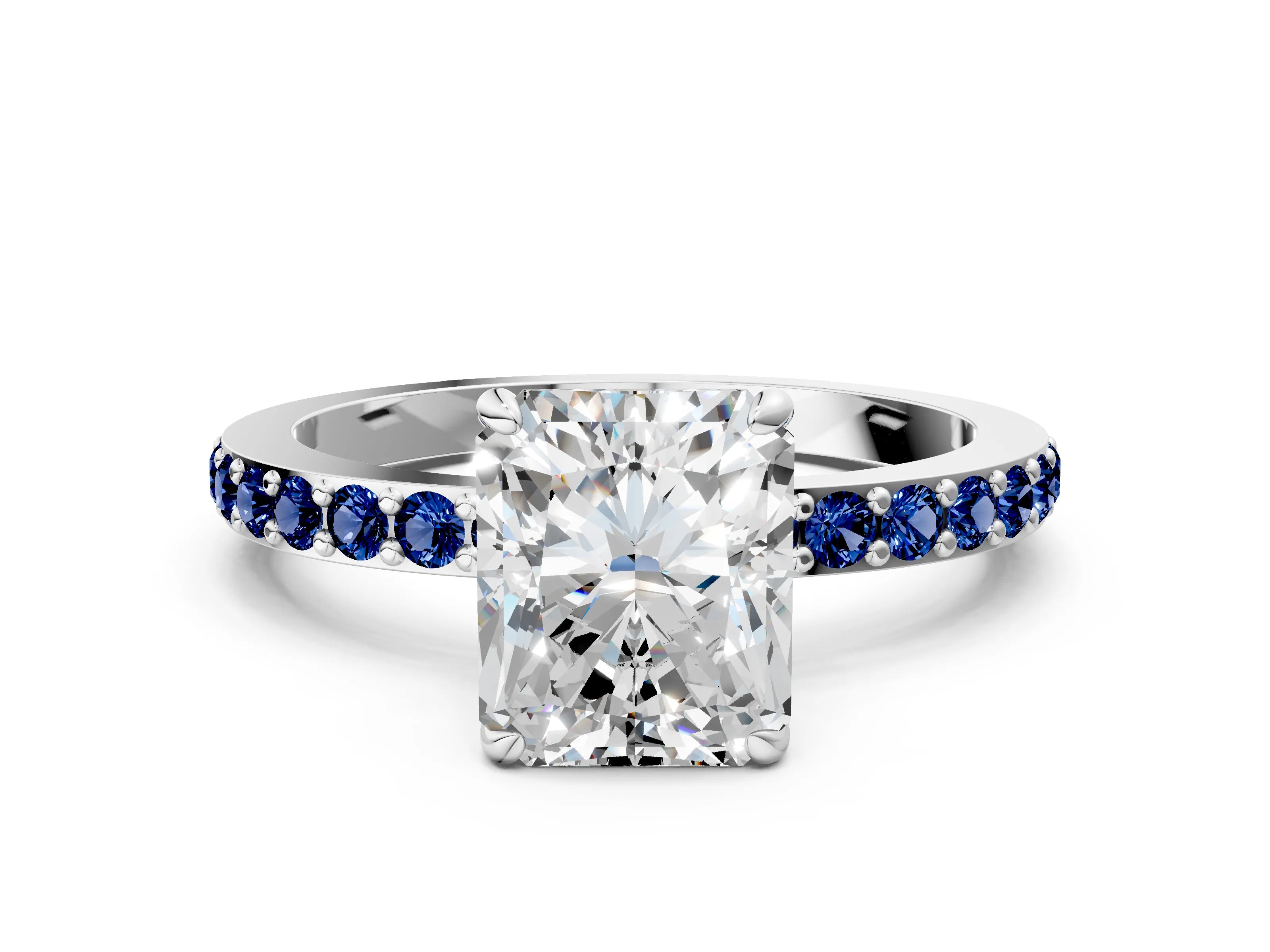 White gold Radiant Cut Diamond Pavé Engagement Ring with Round with Blue Sapphire side stone Accents and Prong Setting_24
