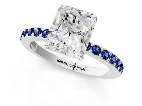 White gold Radiant Cut Diamond Pavé Engagement Ring with Round with Blue Sapphire side stone Accents and Prong Setting_25