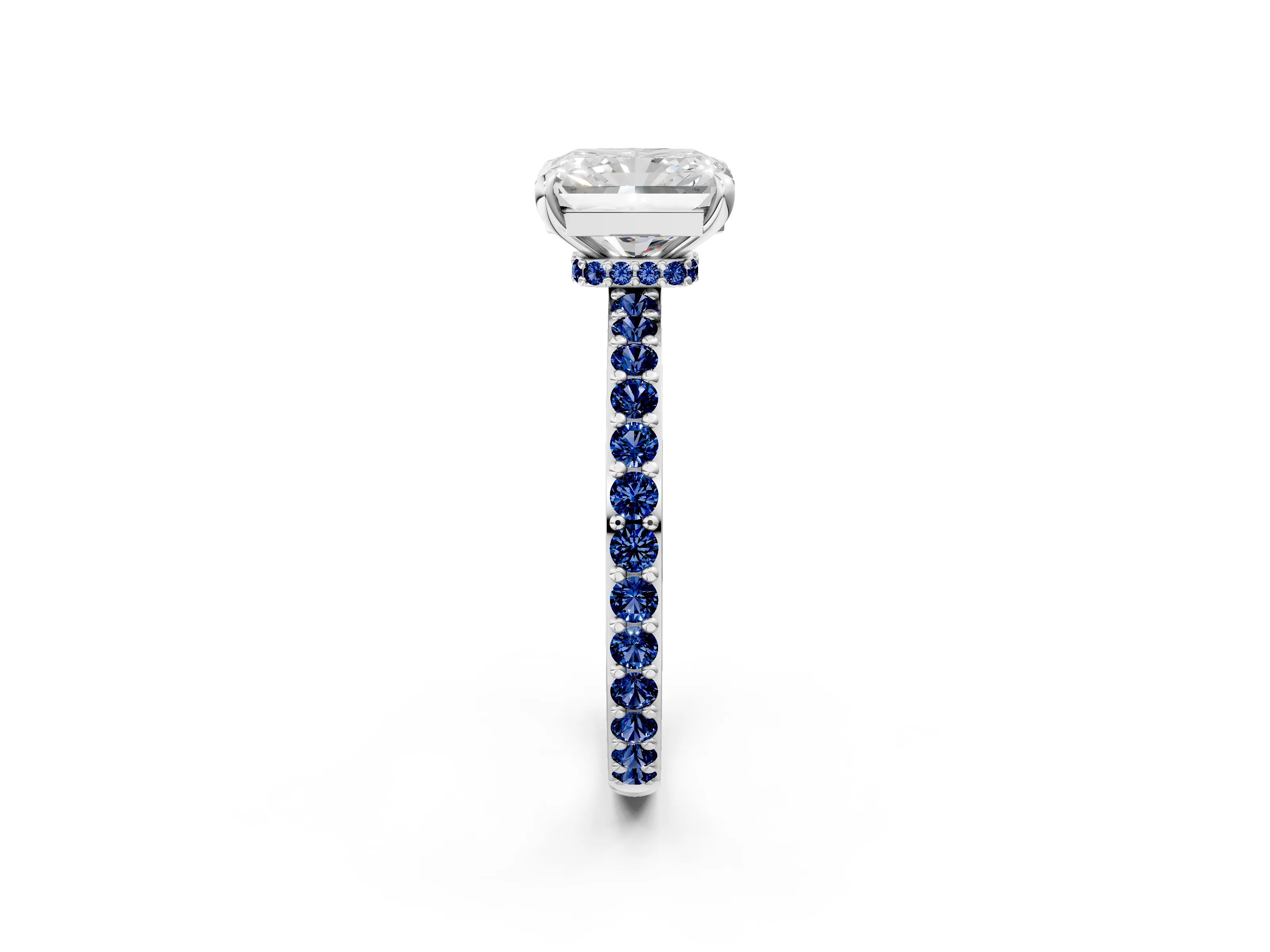 White gold Radiant Cut Diamond Pavé Engagement Ring with Round with Blue Sapphire side stone Accents and Prong Setting_26