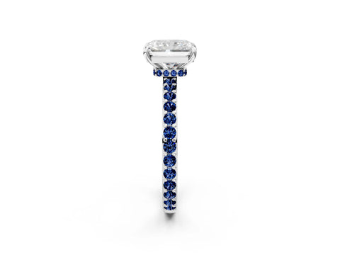 White gold Radiant Cut Diamond Pavé Engagement Ring with Round with Blue Sapphire side stone Accents and Prong Setting_26