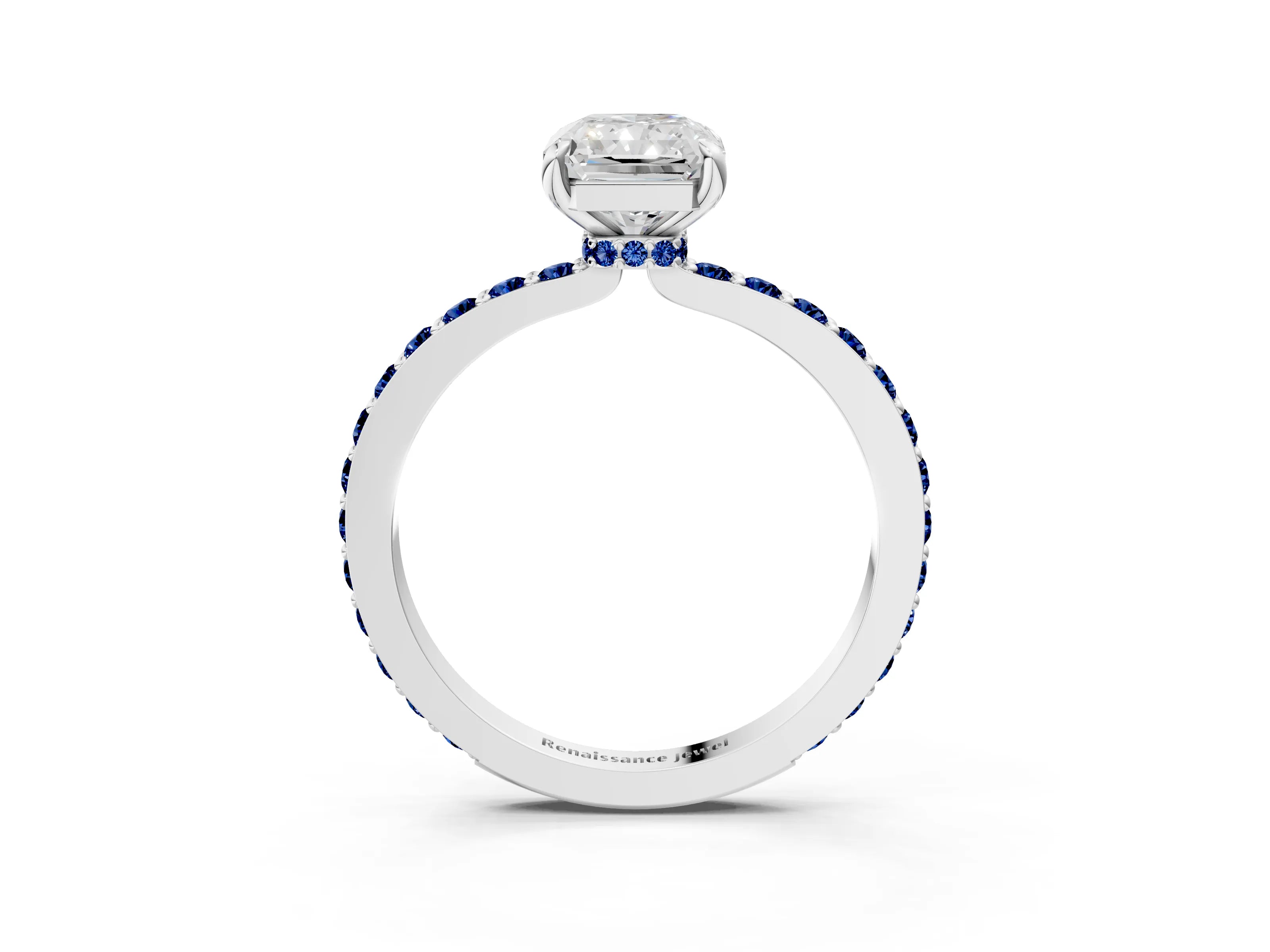 White gold Radiant Cut Diamond Pavé Engagement Ring with Round with Blue Sapphire side stone Accents and Prong Setting_27