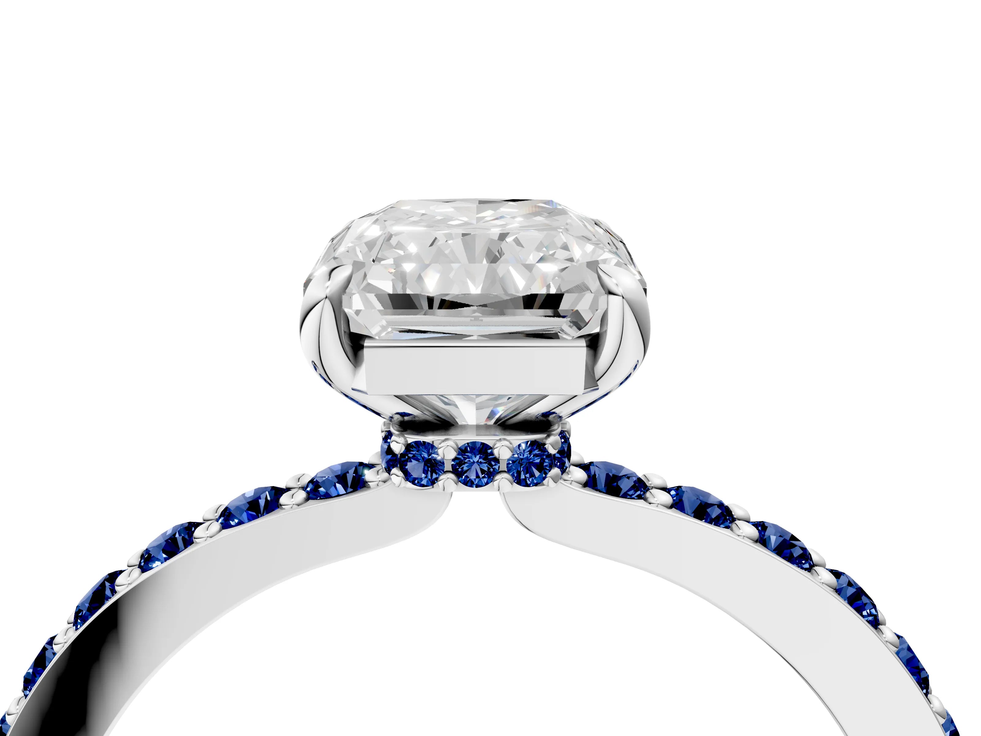 White gold Radiant Cut Diamond Pavé Engagement Ring with Round with Blue Sapphire side stone Accents and Prong Setting_28