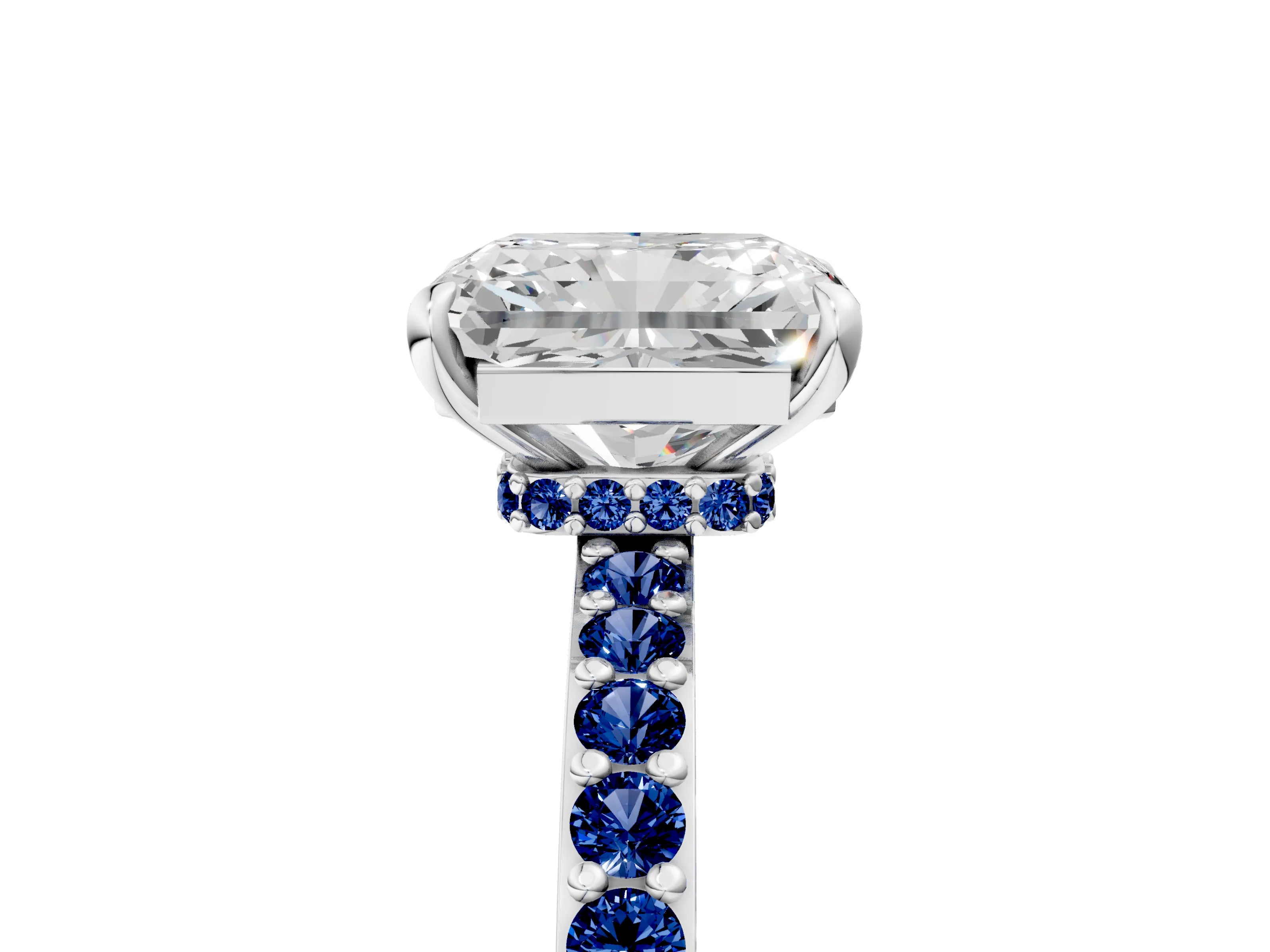 White gold Radiant Cut Diamond Pavé Engagement Ring with Round with Blue Sapphire side stone Accents and Prong Setting_29