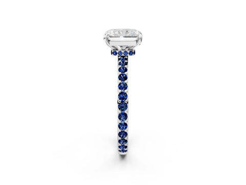 White gold Radiant Cut Diamond Pavé Engagement Ring with Round with Blue Sapphire side stone Accents and Prong Setting_2
