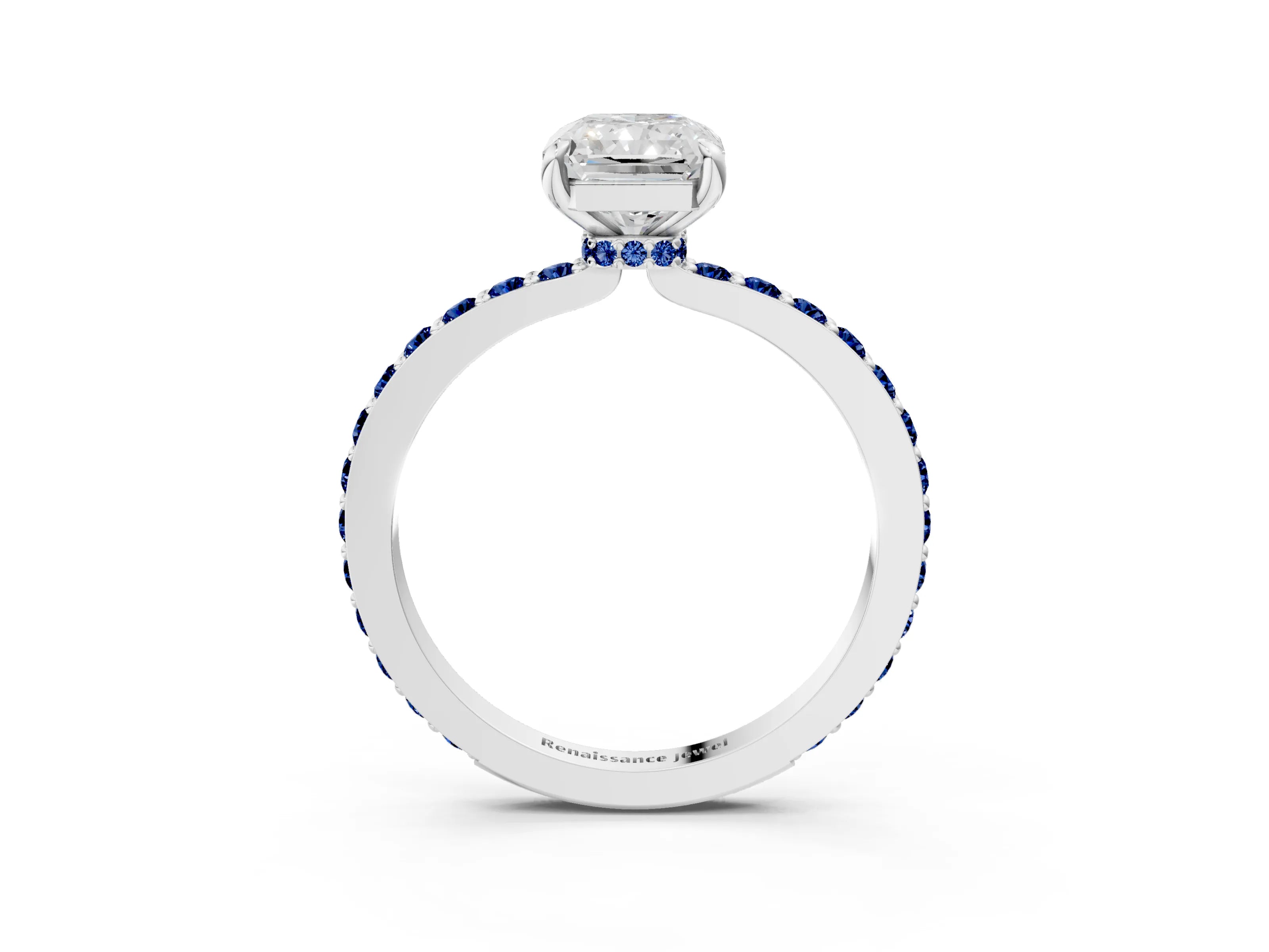 White gold Radiant Cut Diamond Pavé Engagement Ring with Round with Blue Sapphire side stone Accents and Prong Setting_3