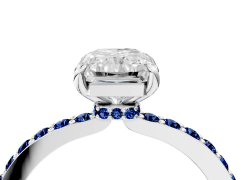 White gold Radiant Cut Diamond Pavé Engagement Ring with Round with Blue Sapphire side stone Accents and Prong Setting_4