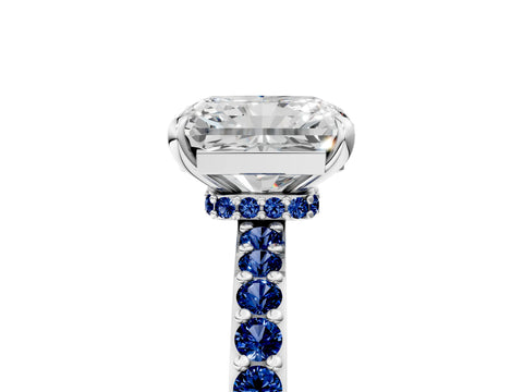White gold Radiant Cut Diamond Pavé Engagement Ring with Round with Blue Sapphire side stone Accents and Prong Setting_5