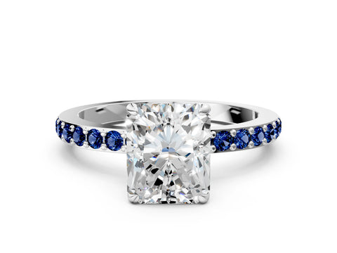 White gold Radiant Cut Diamond Pavé Engagement Ring with Round with Blue Sapphire side stone Accents and Prong Setting