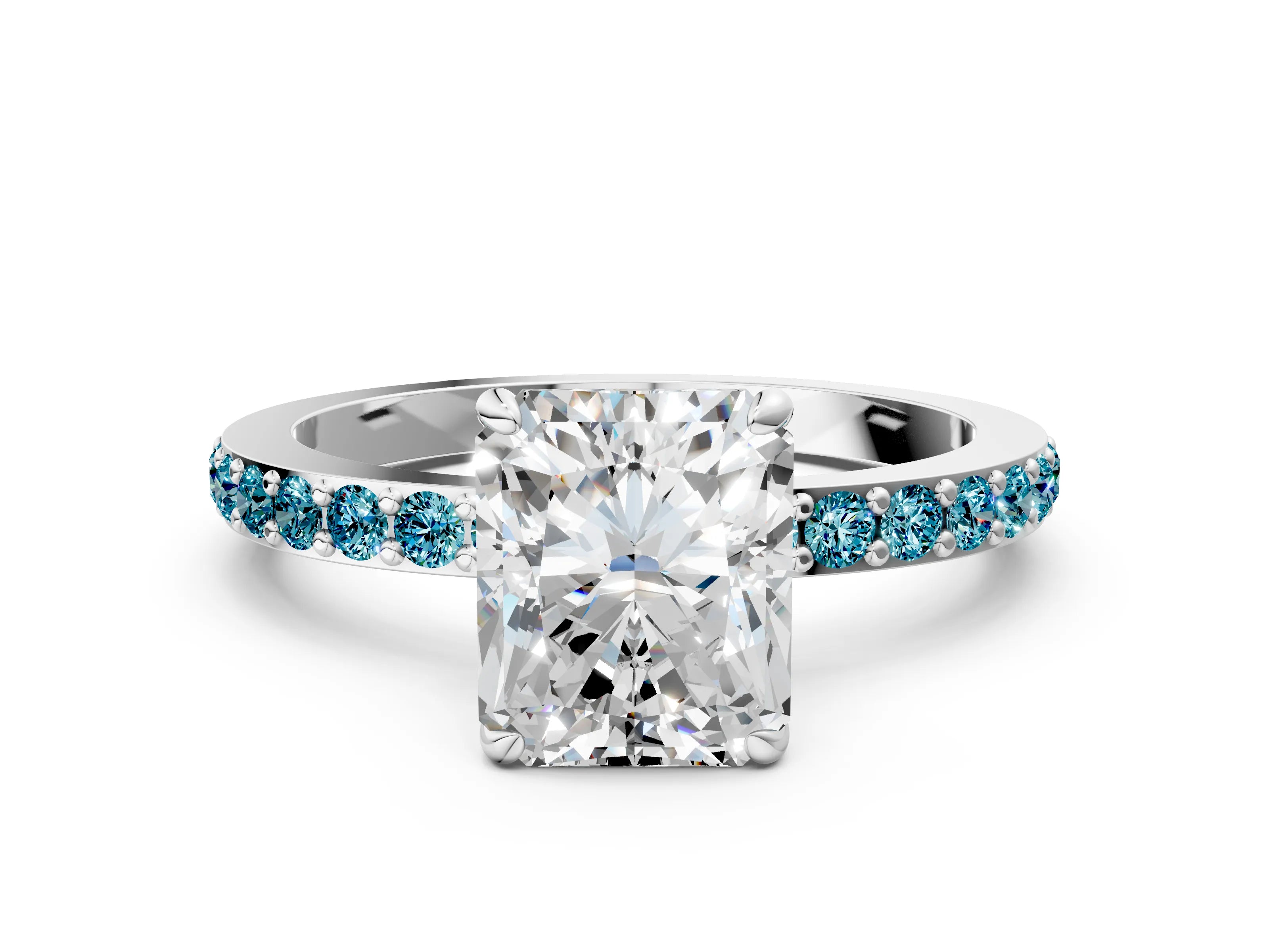 White gold Radiant Cut Diamond Pavé Engagement Ring with Round with Blue Topaz side stone Accents and Prong Setting_12
