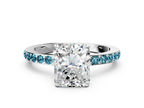 White gold Radiant Cut Diamond Pavé Engagement Ring with Round with Blue Topaz side stone Accents and Prong Setting_12
