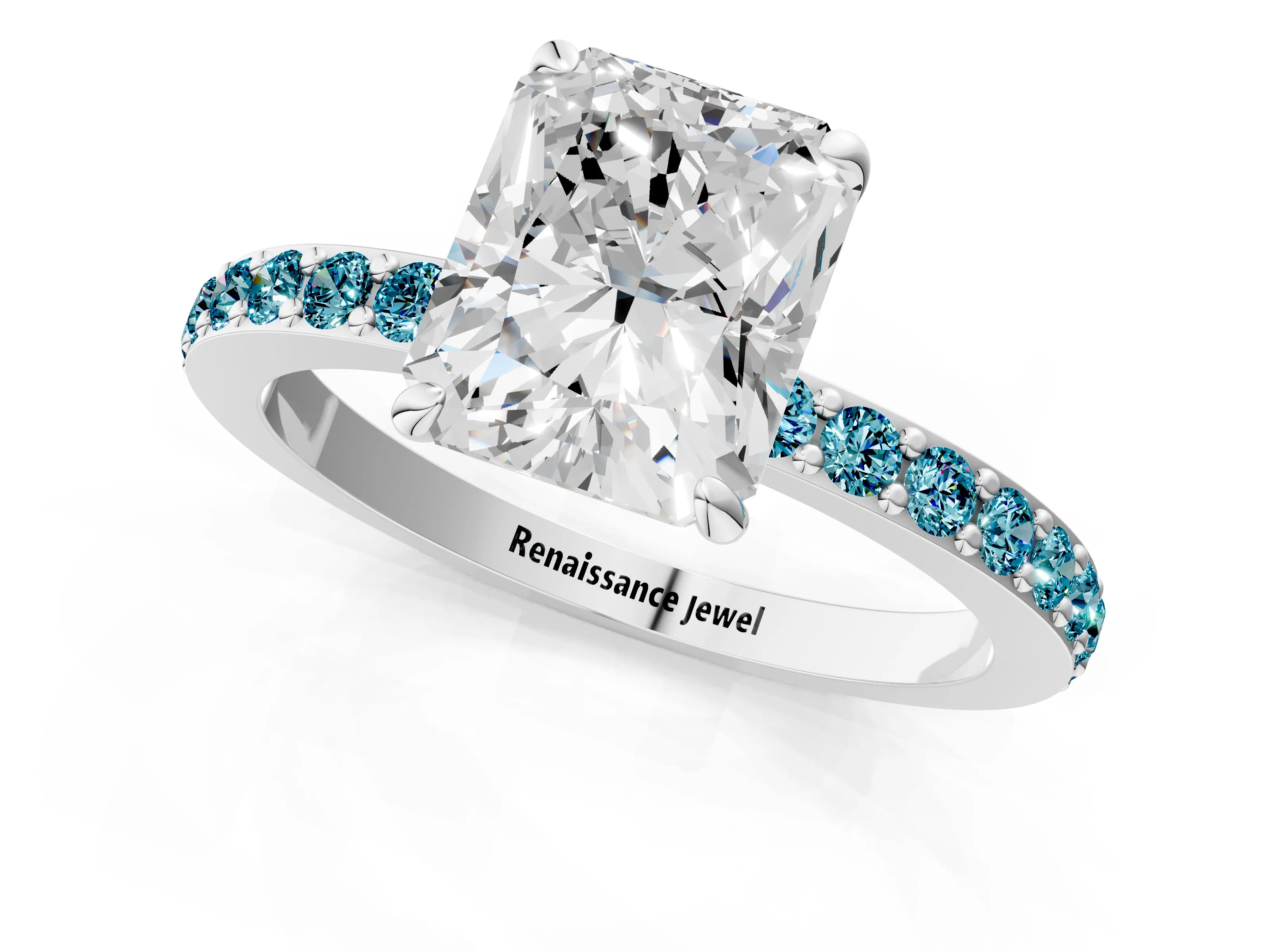 White gold Radiant Cut Diamond Pavé Engagement Ring with Round with Blue Topaz side stone Accents and Prong Setting_13