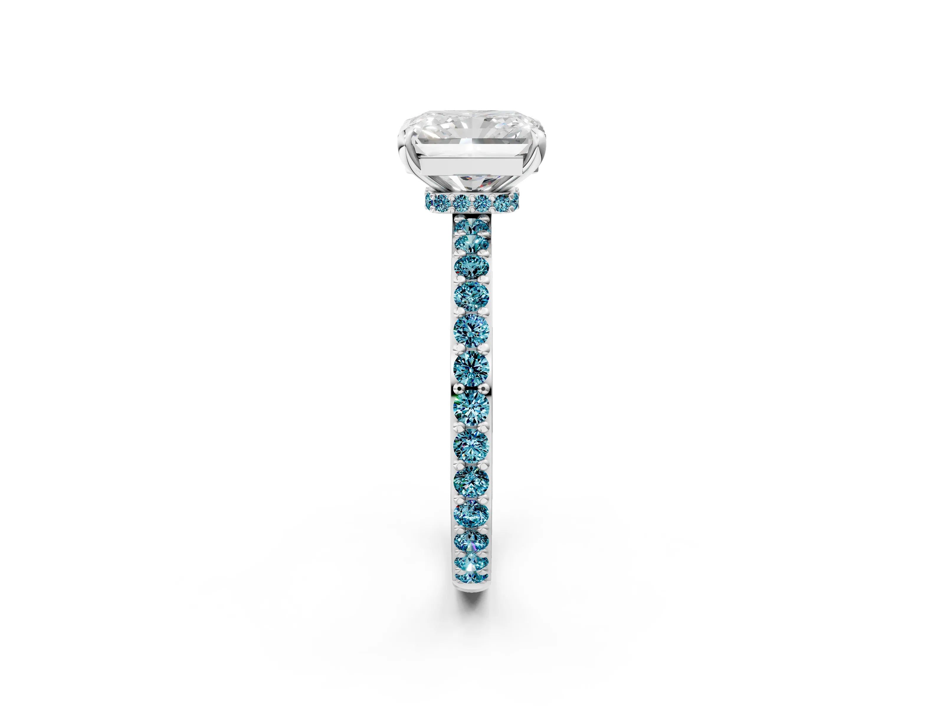 White gold Radiant Cut Diamond Pavé Engagement Ring with Round with Blue Topaz side stone Accents and Prong Setting_14