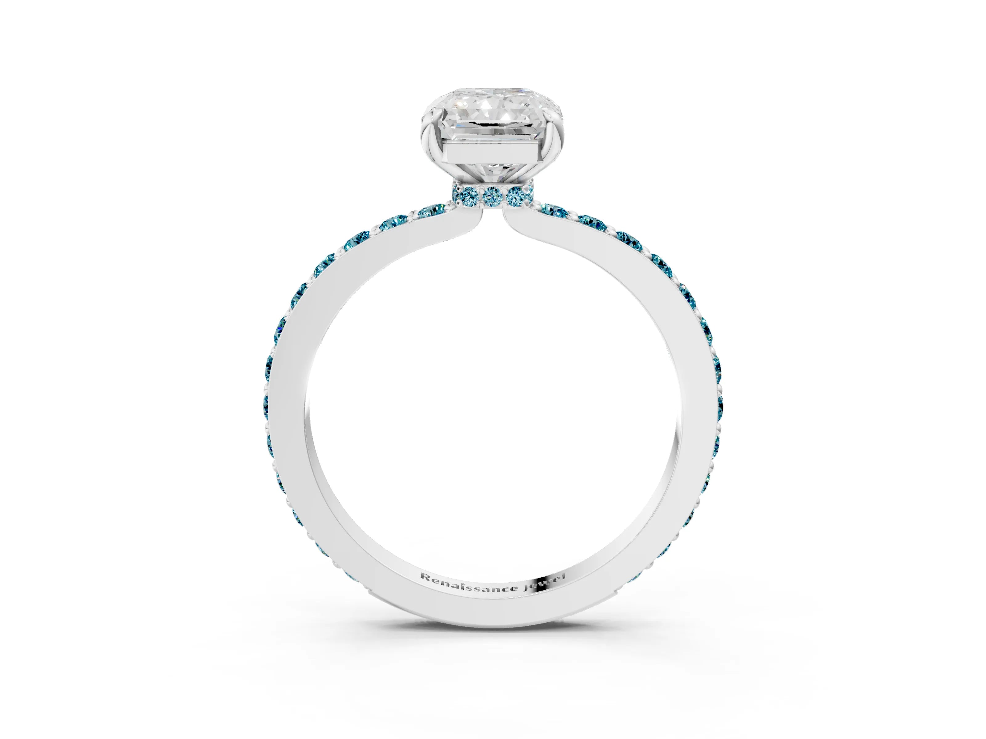 White gold Radiant Cut Diamond Pavé Engagement Ring with Round with Blue Topaz side stone Accents and Prong Setting_15