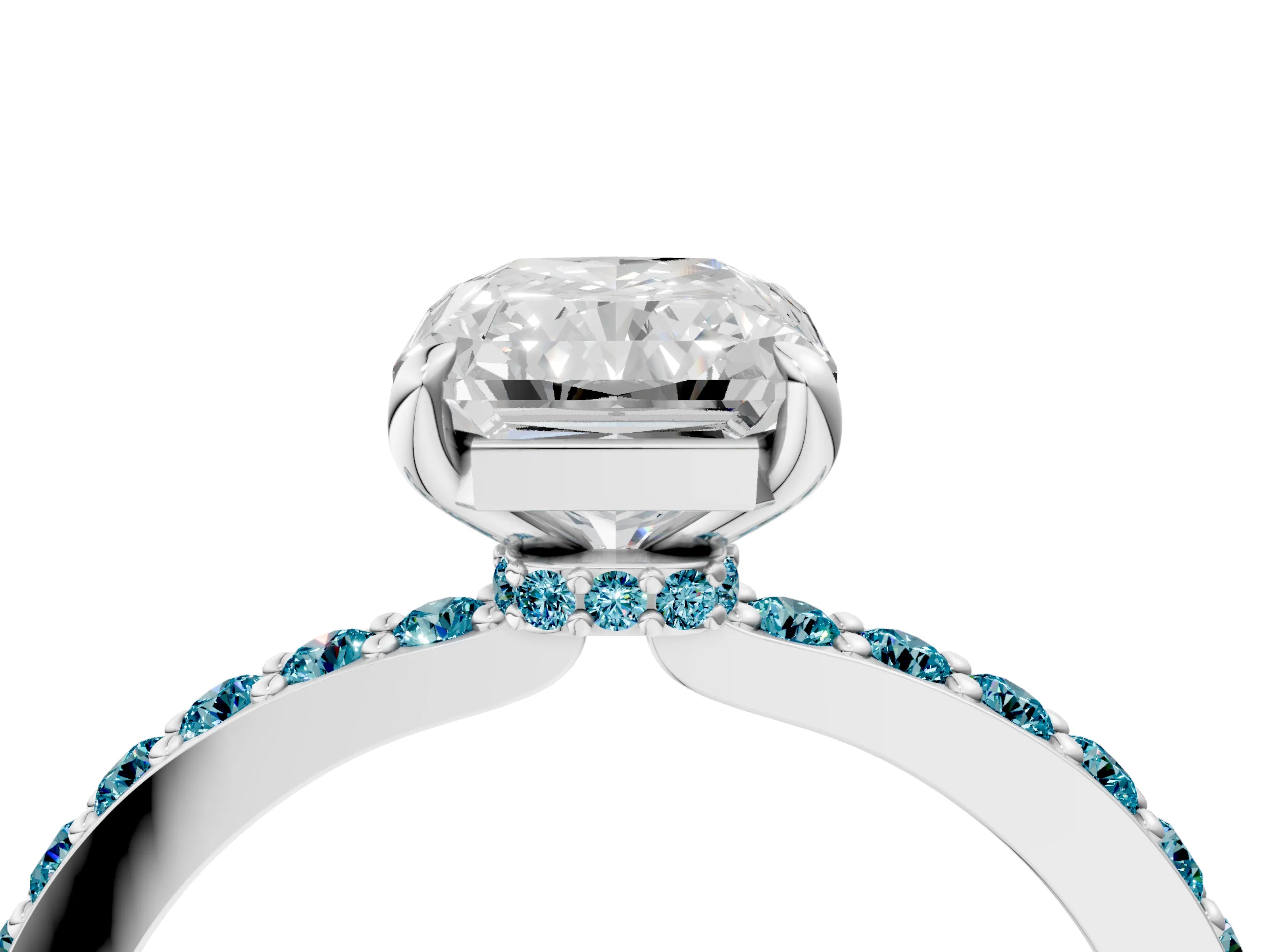 White gold Radiant Cut Diamond Pavé Engagement Ring with Round with Blue Topaz side stone Accents and Prong Setting_16
