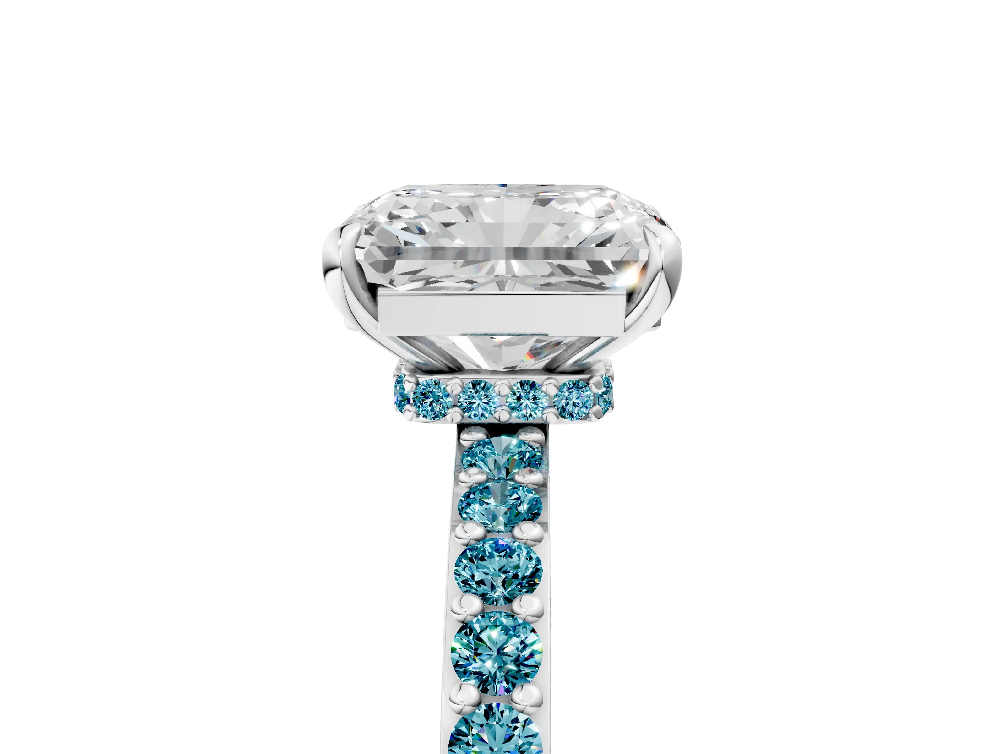 White gold Radiant Cut Diamond Pavé Engagement Ring with Round with Blue Topaz side stone Accents and Prong Setting_17