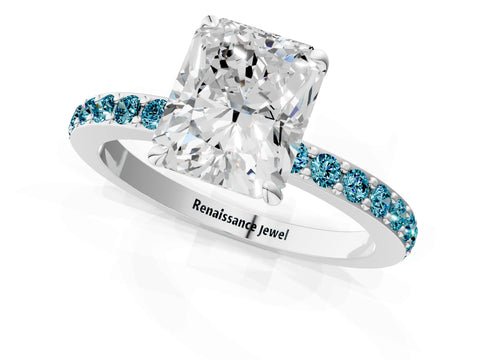 White gold Radiant Cut Diamond Pavé Engagement Ring with Round with Blue Topaz side stone Accents and Prong Setting_25