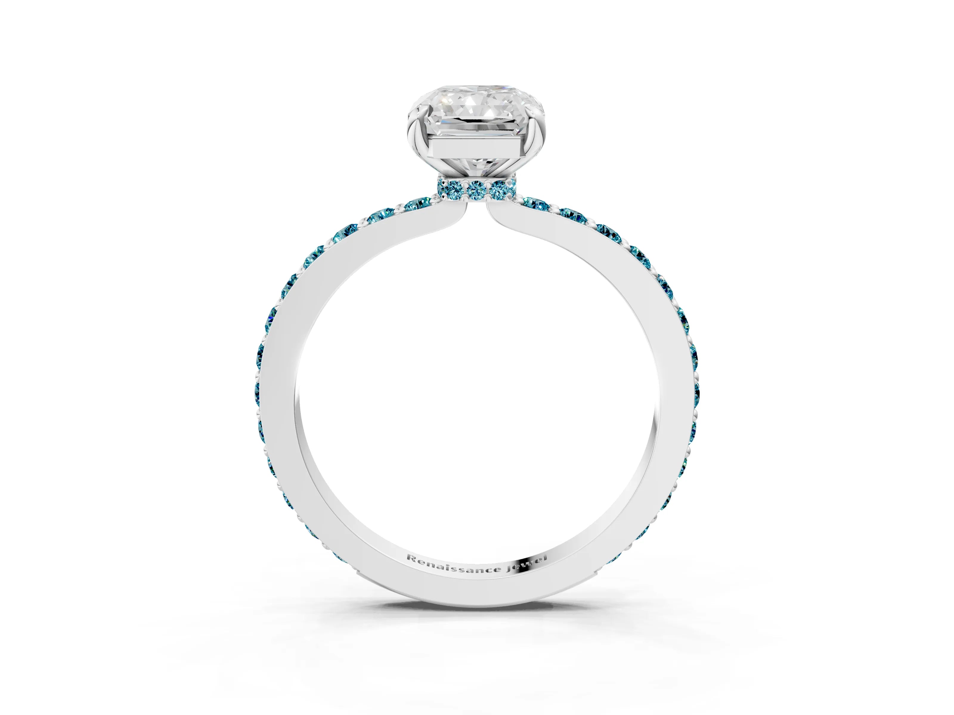 White gold Radiant Cut Diamond Pavé Engagement Ring with Round with Blue Topaz side stone Accents and Prong Setting_27