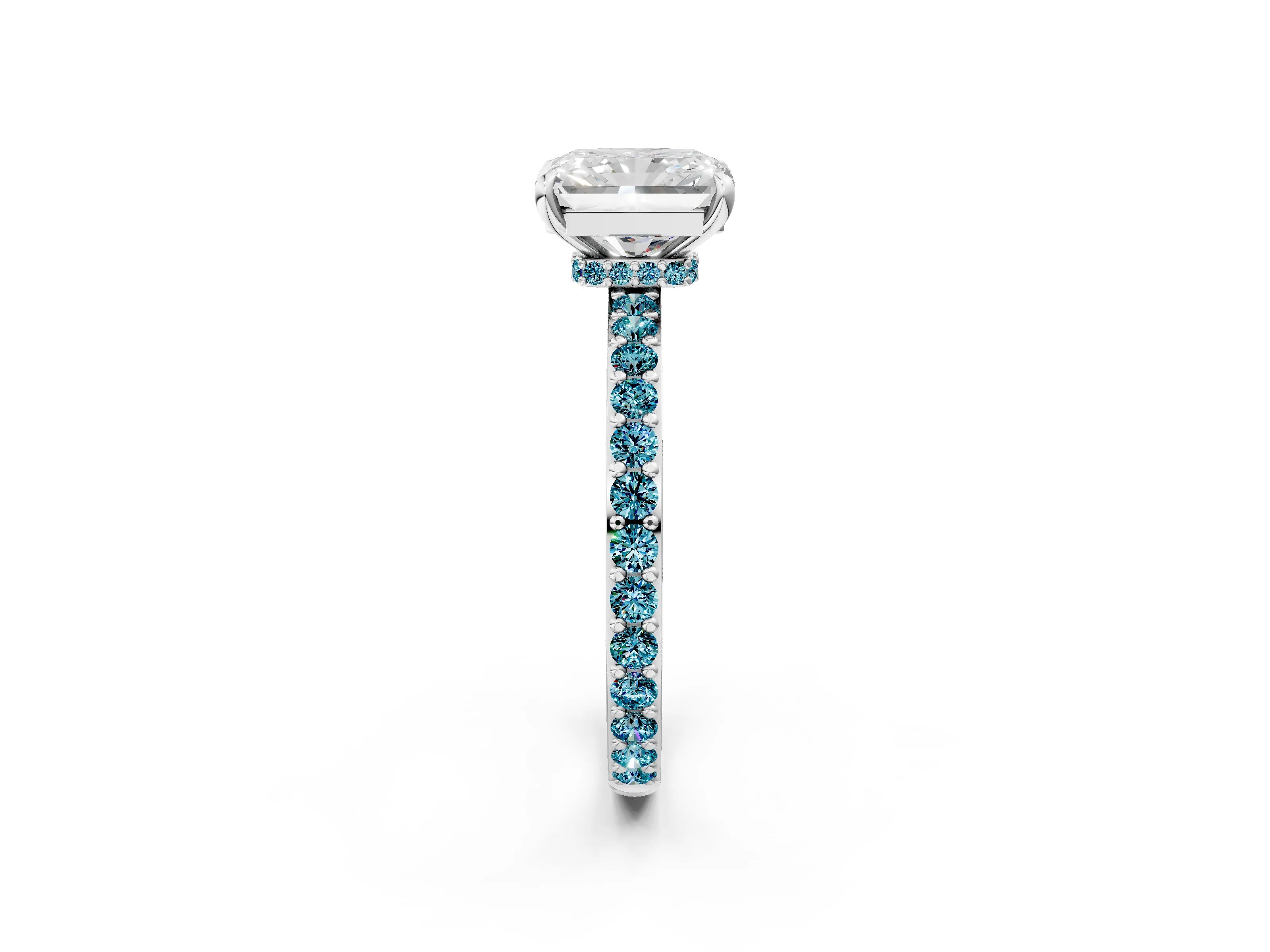 White gold Radiant Cut Diamond Pavé Engagement Ring with Round with Blue Topaz side stone Accents and Prong Setting_38