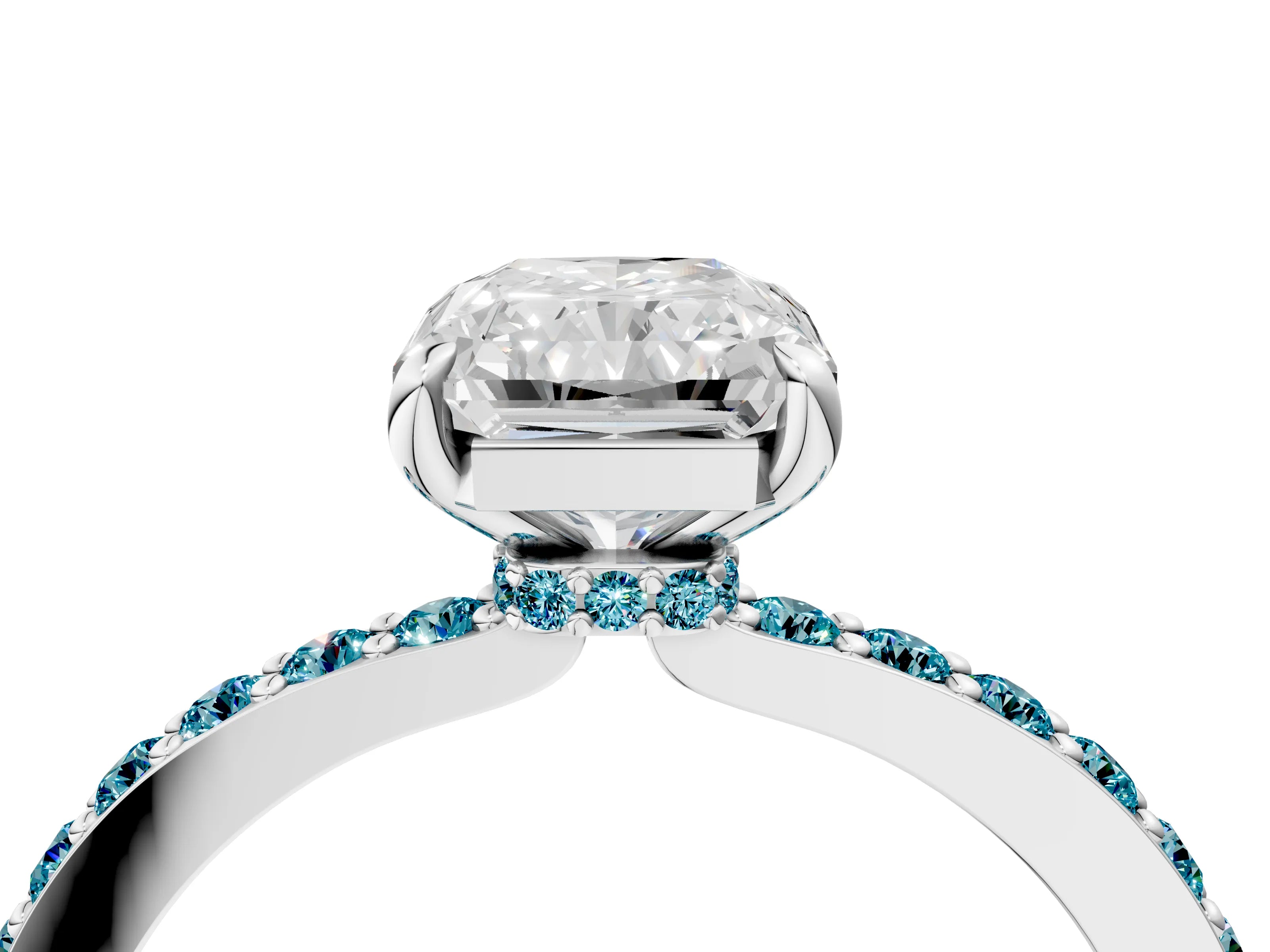 White gold Radiant Cut Diamond Pavé Engagement Ring with Round with Blue Topaz side stone Accents and Prong Setting_40