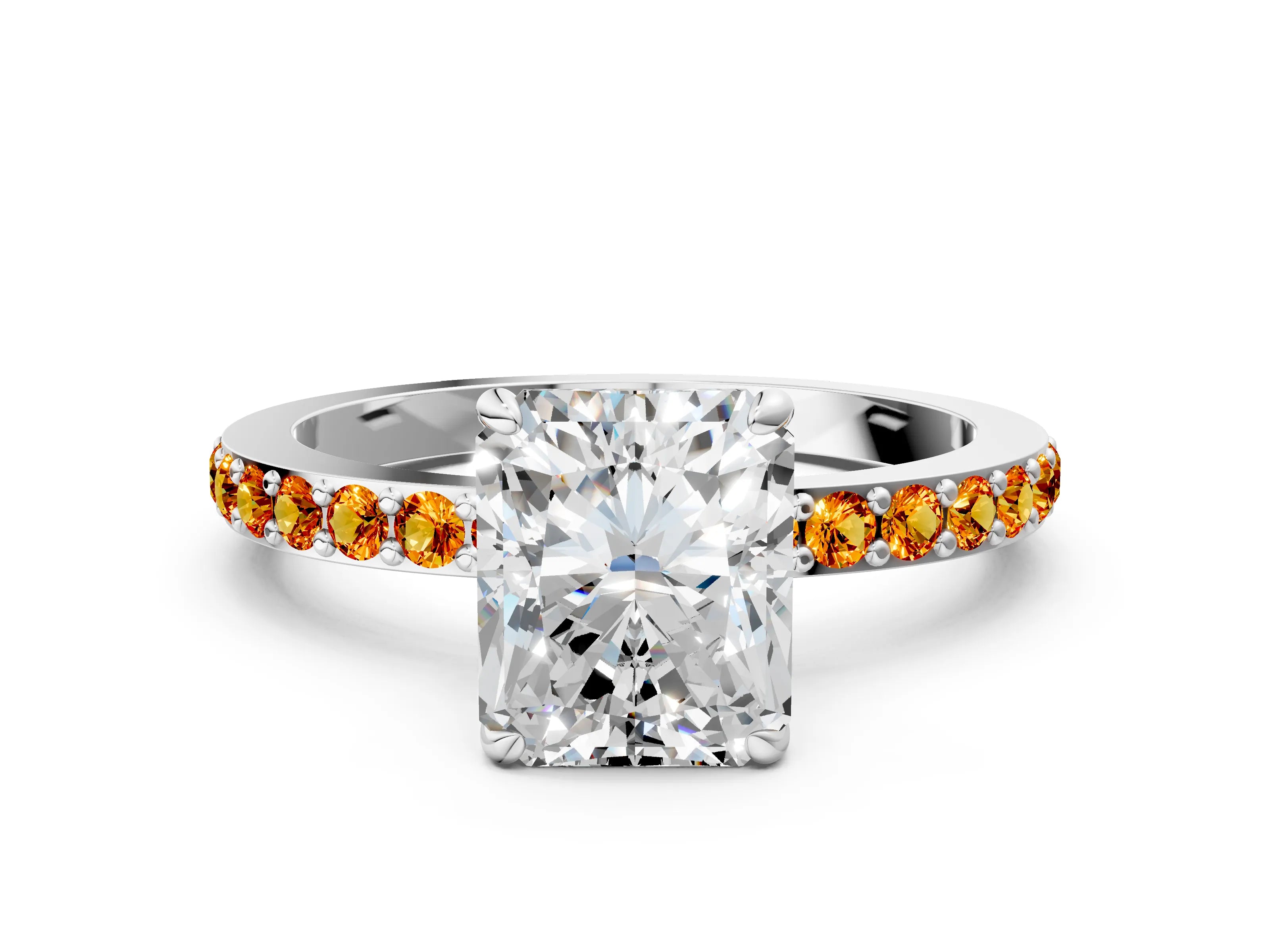 White gold Radiant Cut Diamond Pavé Engagement Ring with Round with Citrine side stone Accents and Prong Setting_12