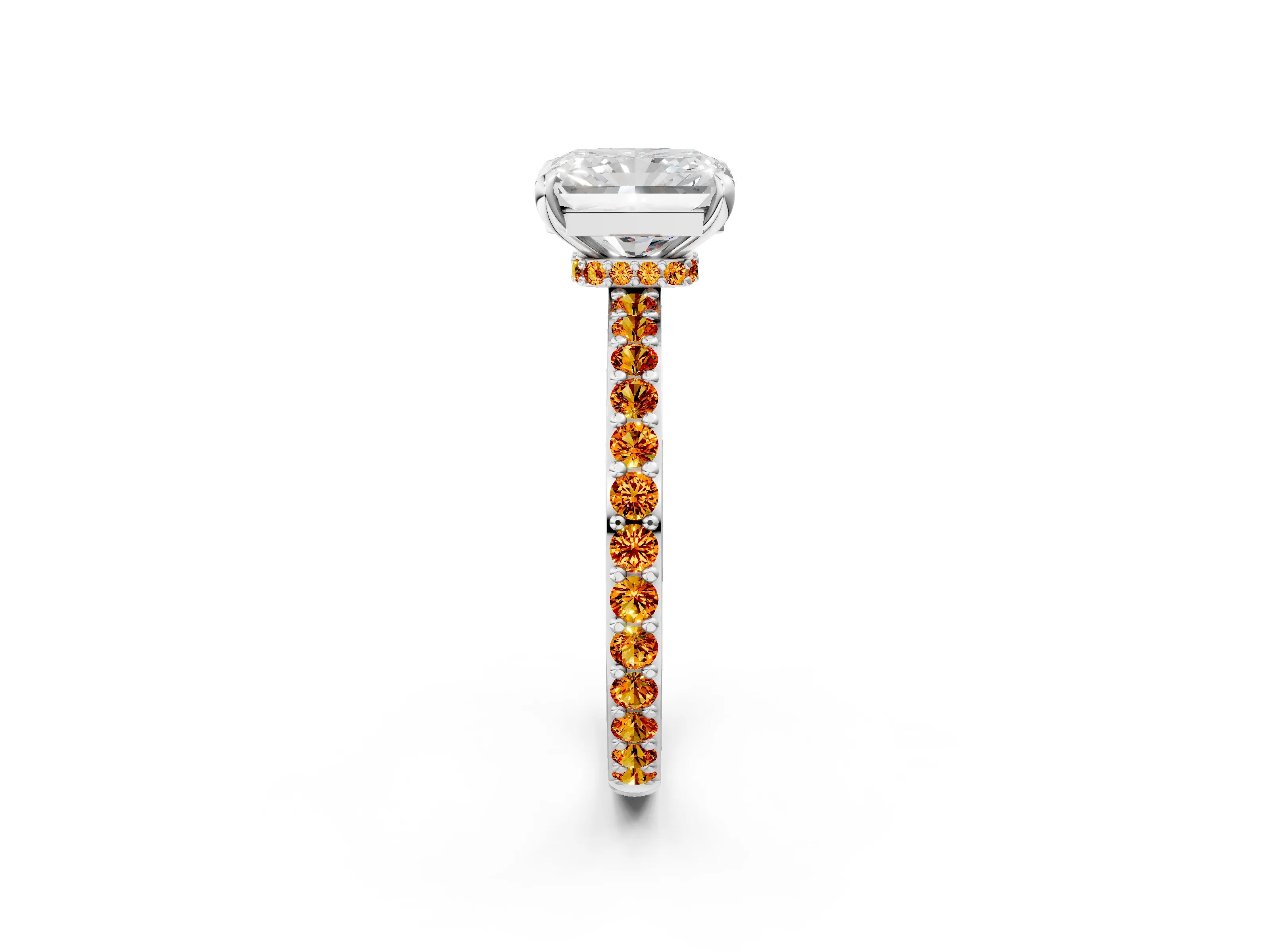White gold Radiant Cut Diamond Pavé Engagement Ring with Round with Citrine side stone Accents and Prong Setting_14
