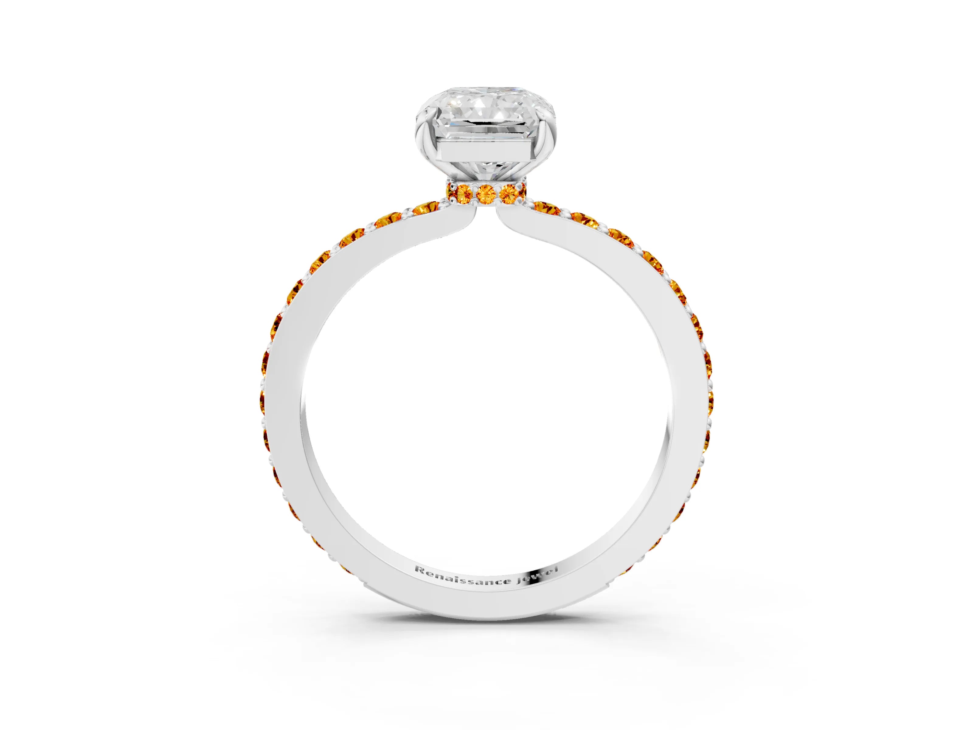 White gold Radiant Cut Diamond Pavé Engagement Ring with Round with Citrine side stone Accents and Prong Setting_15