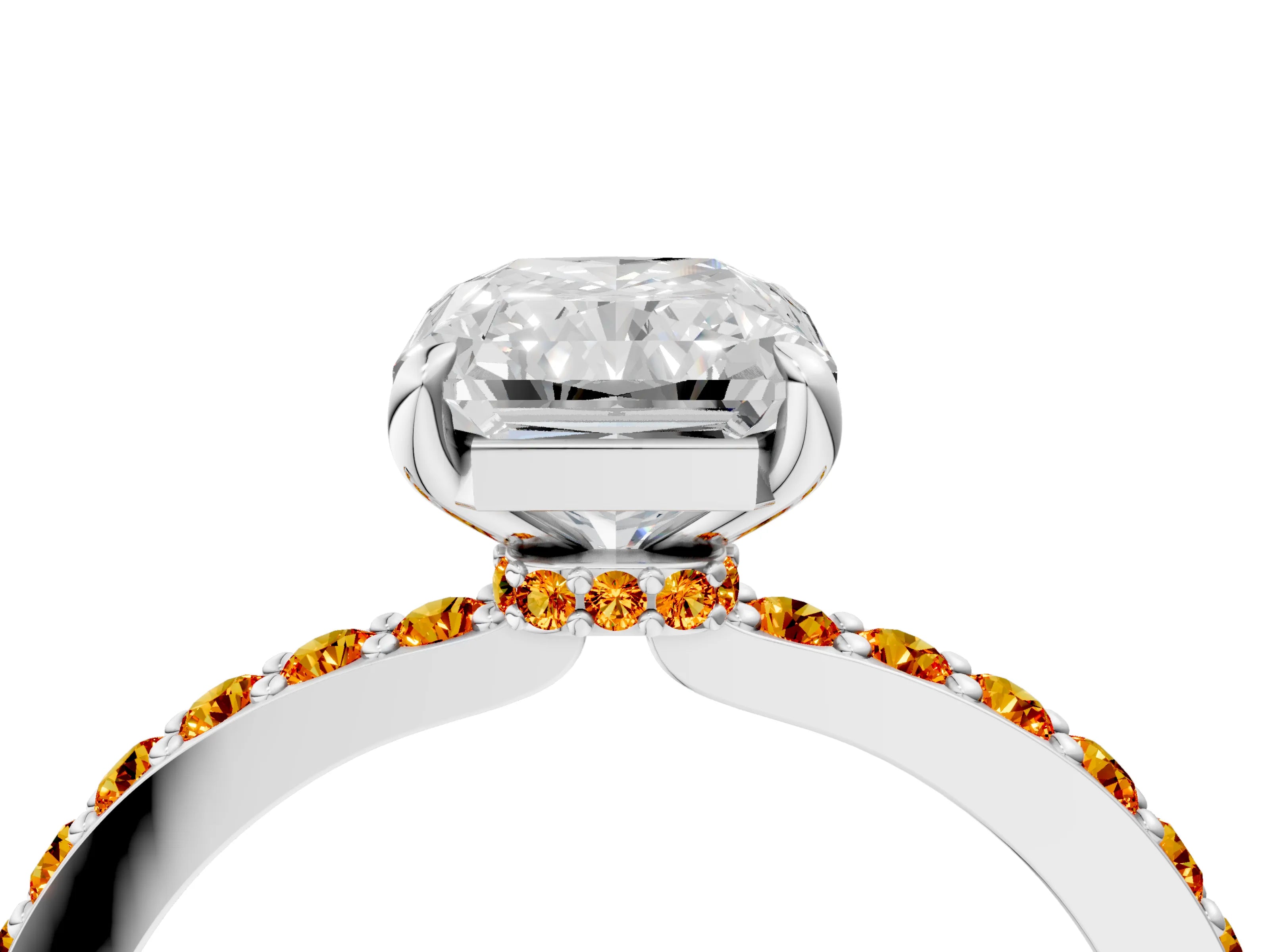 White gold Radiant Cut Diamond Pavé Engagement Ring with Round with Citrine side stone Accents and Prong Setting_16