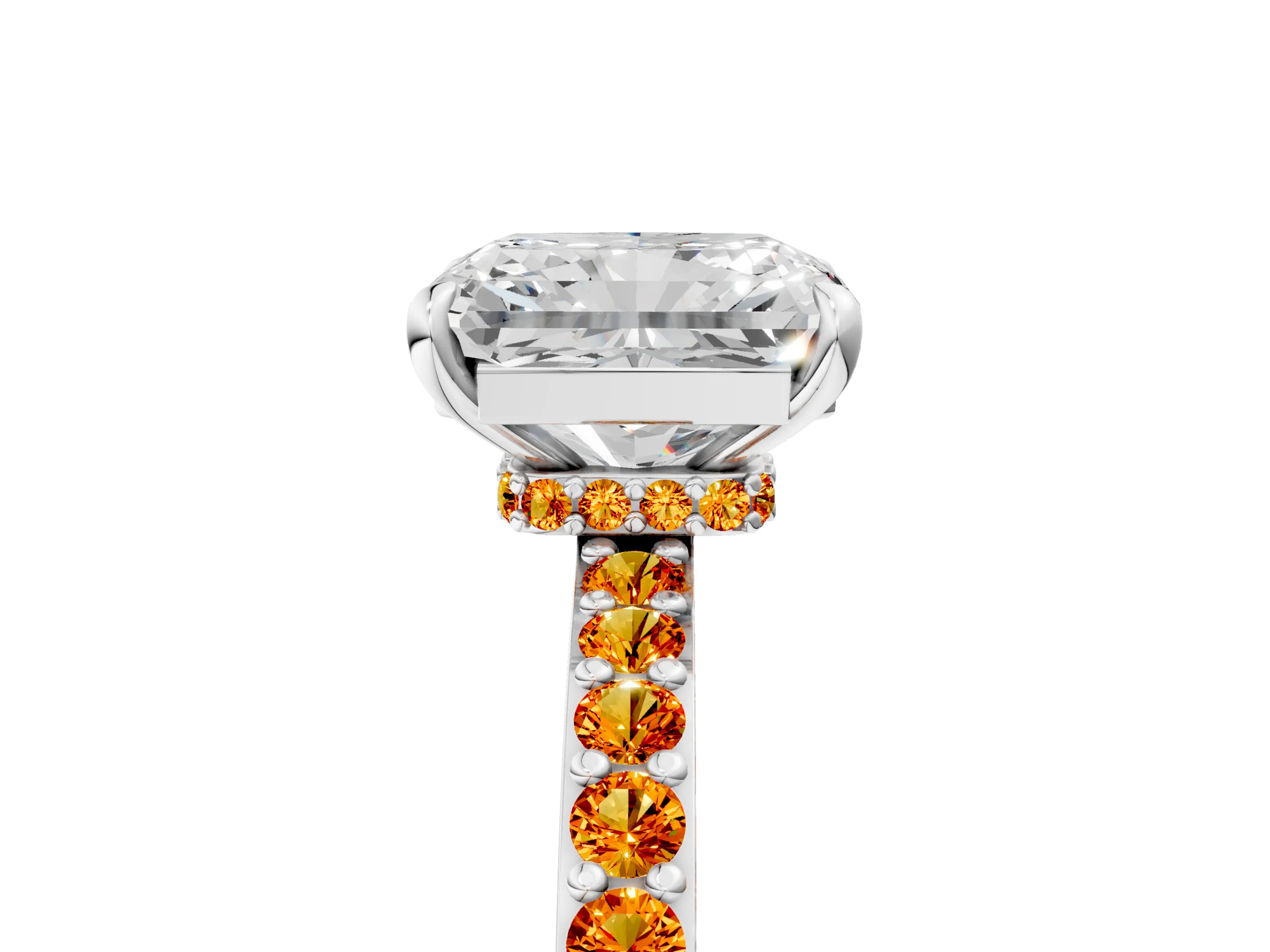 White gold Radiant Cut Diamond Pavé Engagement Ring with Round with Citrine side stone Accents and Prong Setting_17
