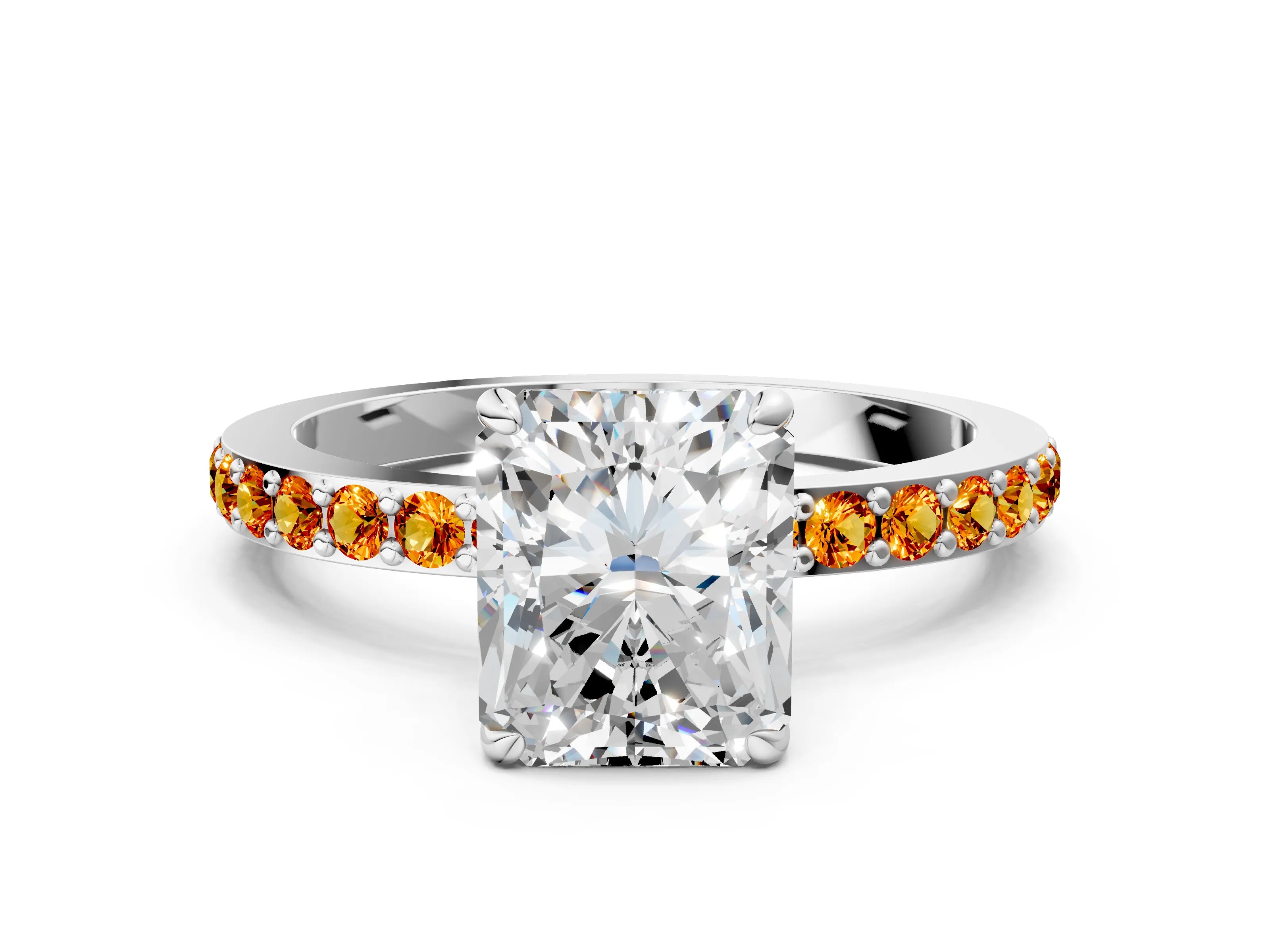 White gold Radiant Cut Diamond Pavé Engagement Ring with Round with Citrine side stone Accents and Prong Setting_24