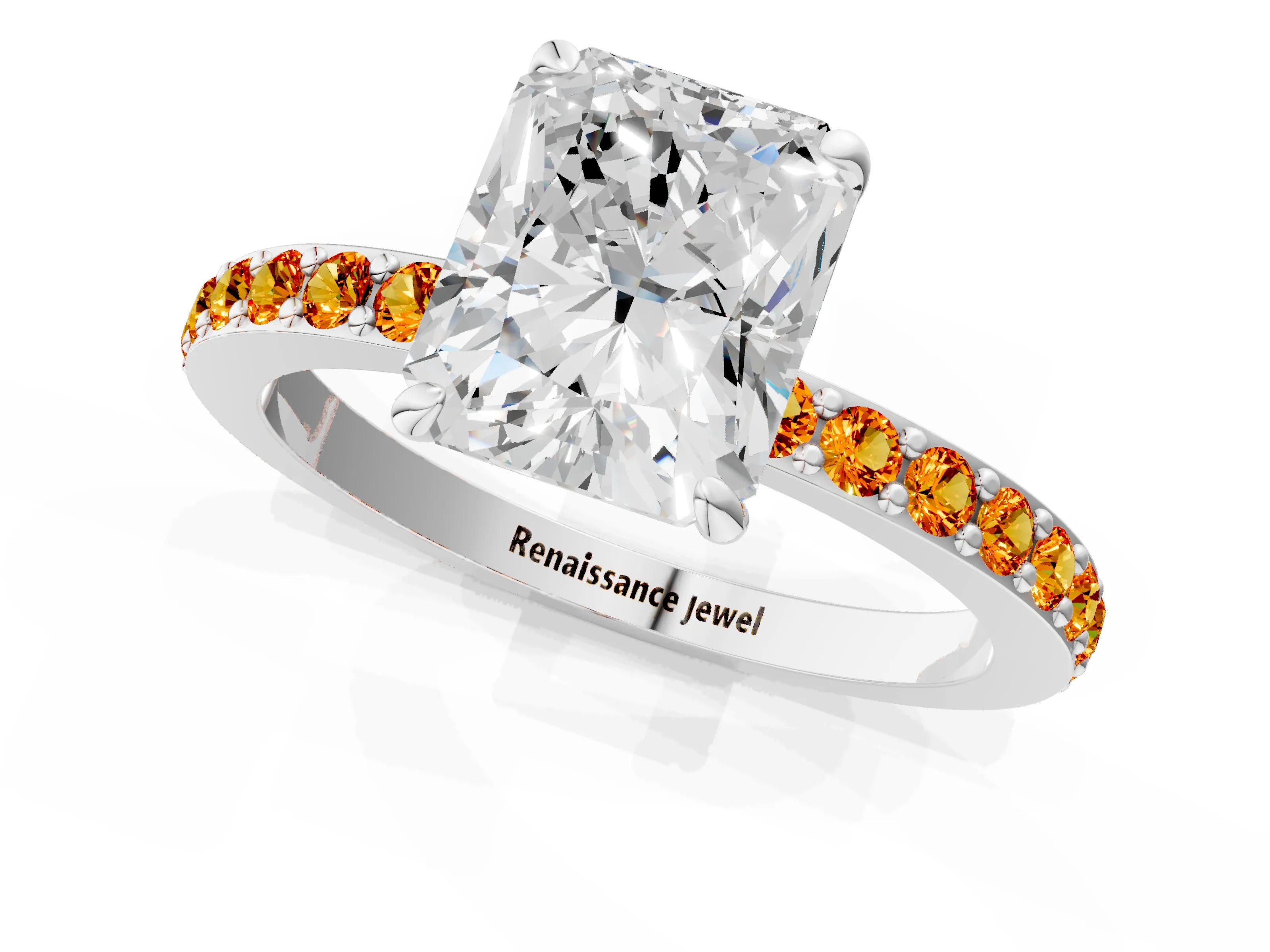 White gold Radiant Cut Diamond Pavé Engagement Ring with Round with Citrine side stone Accents and Prong Setting_25