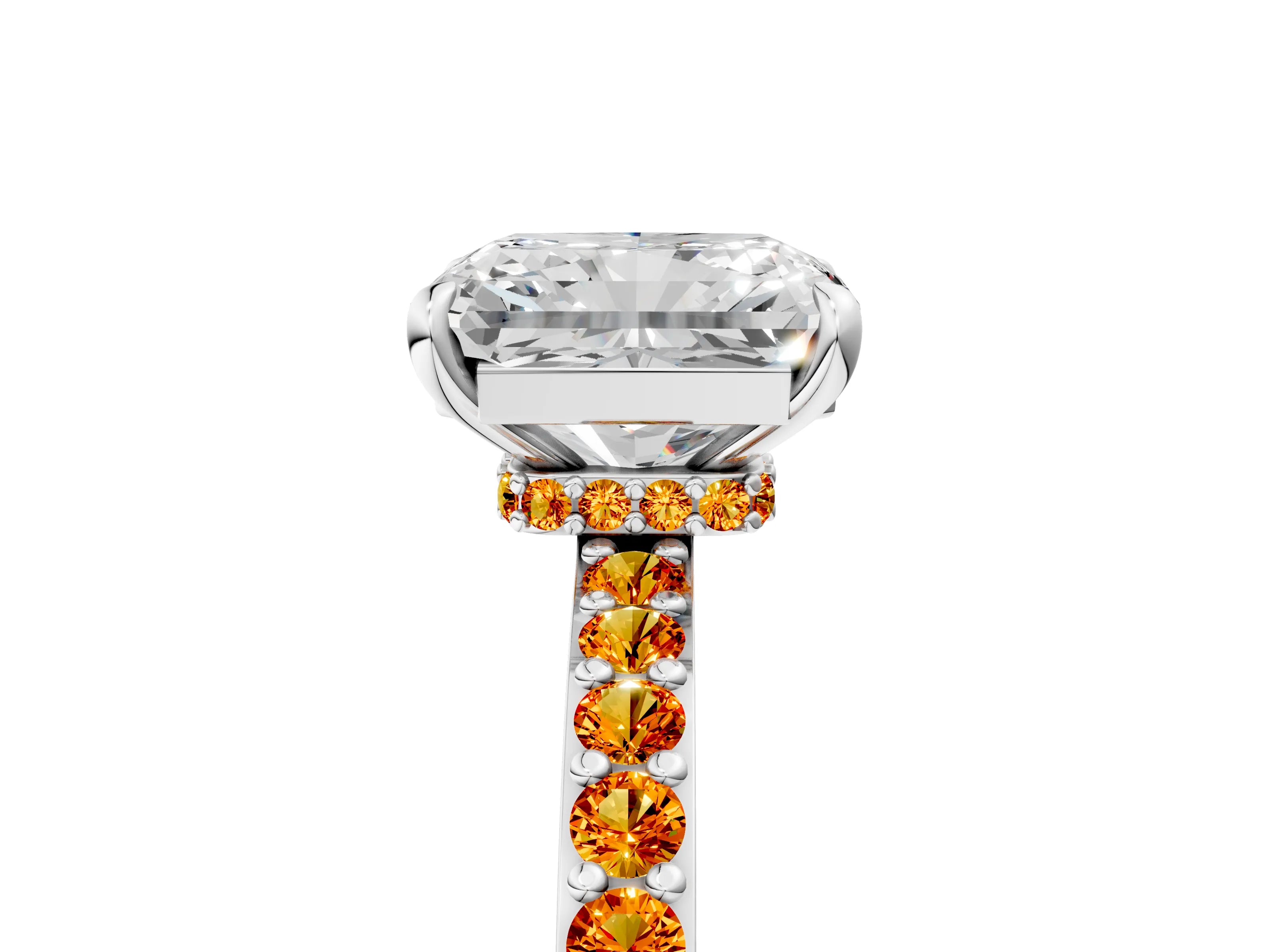 White gold Radiant Cut Diamond Pavé Engagement Ring with Round with Citrine side stone Accents and Prong Setting_29