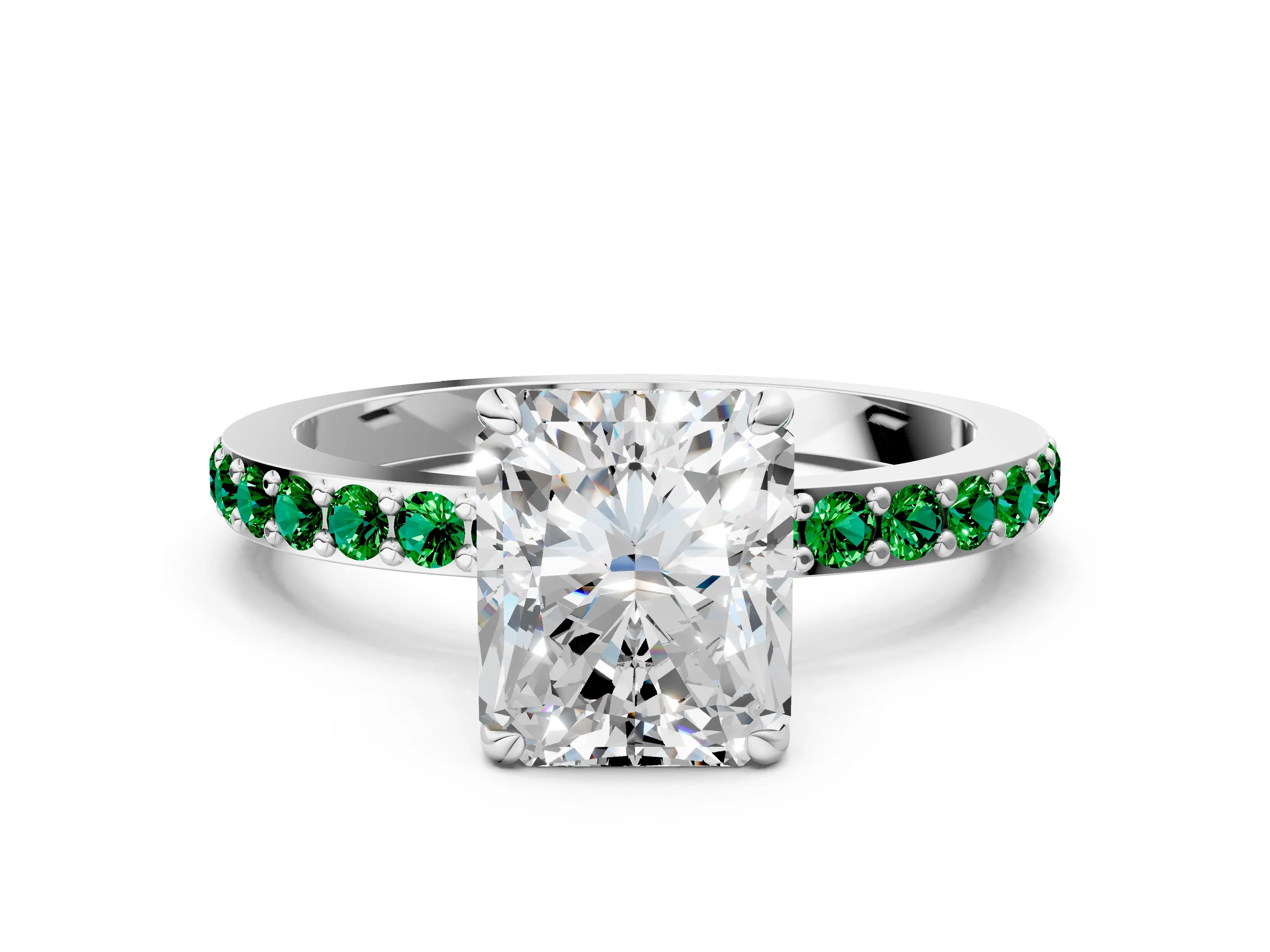 White gold Radiant Cut Diamond Pavé Engagement Ring with Round with Emerald side stone Accents and Prong Setting
