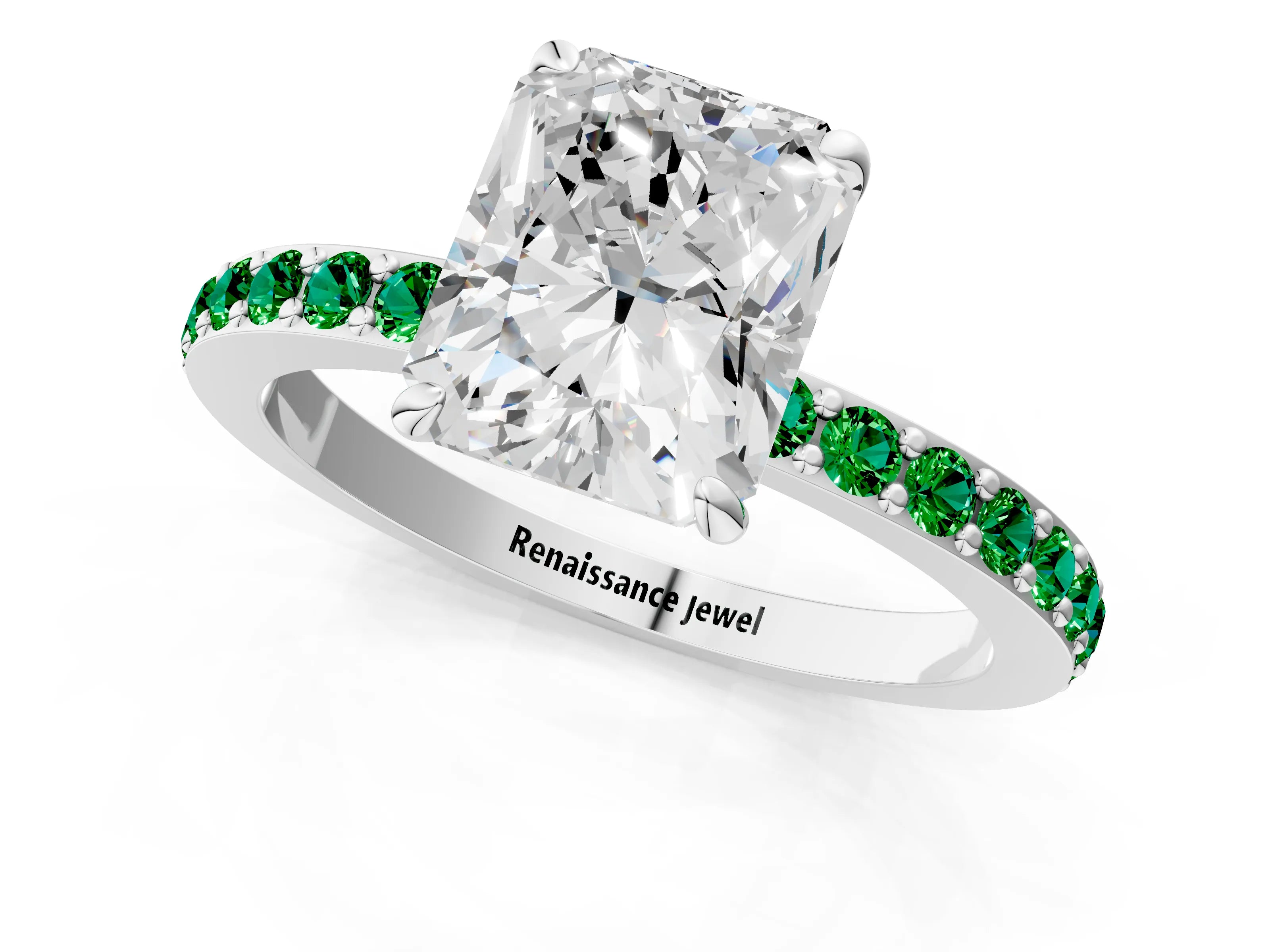 White gold Radiant Cut Diamond Pavé Engagement Ring with Round with Emerald side stone Accents and Prong Setting_1