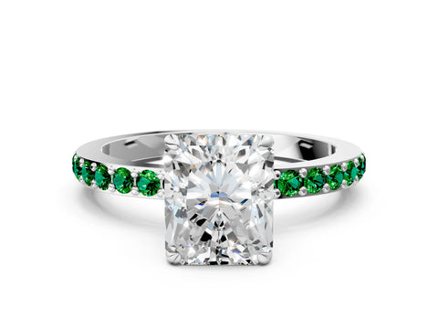 White gold Radiant Cut Diamond Pavé Engagement Ring with Round with Emerald side stone Accents and Prong Setting_12