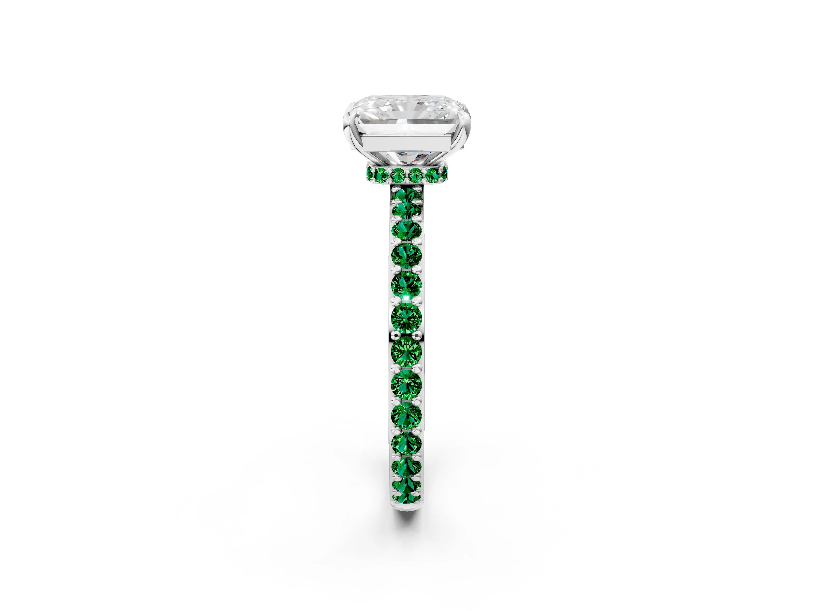 White gold Radiant Cut Diamond Pavé Engagement Ring with Round with Emerald side stone Accents and Prong Setting_2