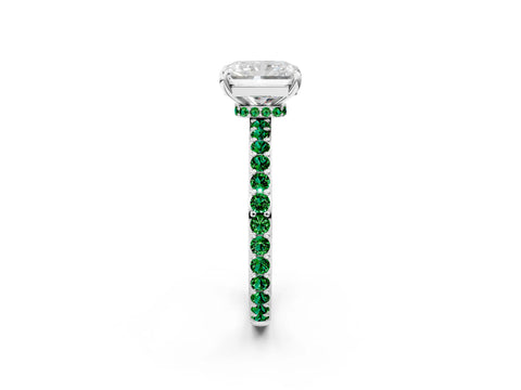 White gold Radiant Cut Diamond Pavé Engagement Ring with Round with Emerald side stone Accents and Prong Setting_2