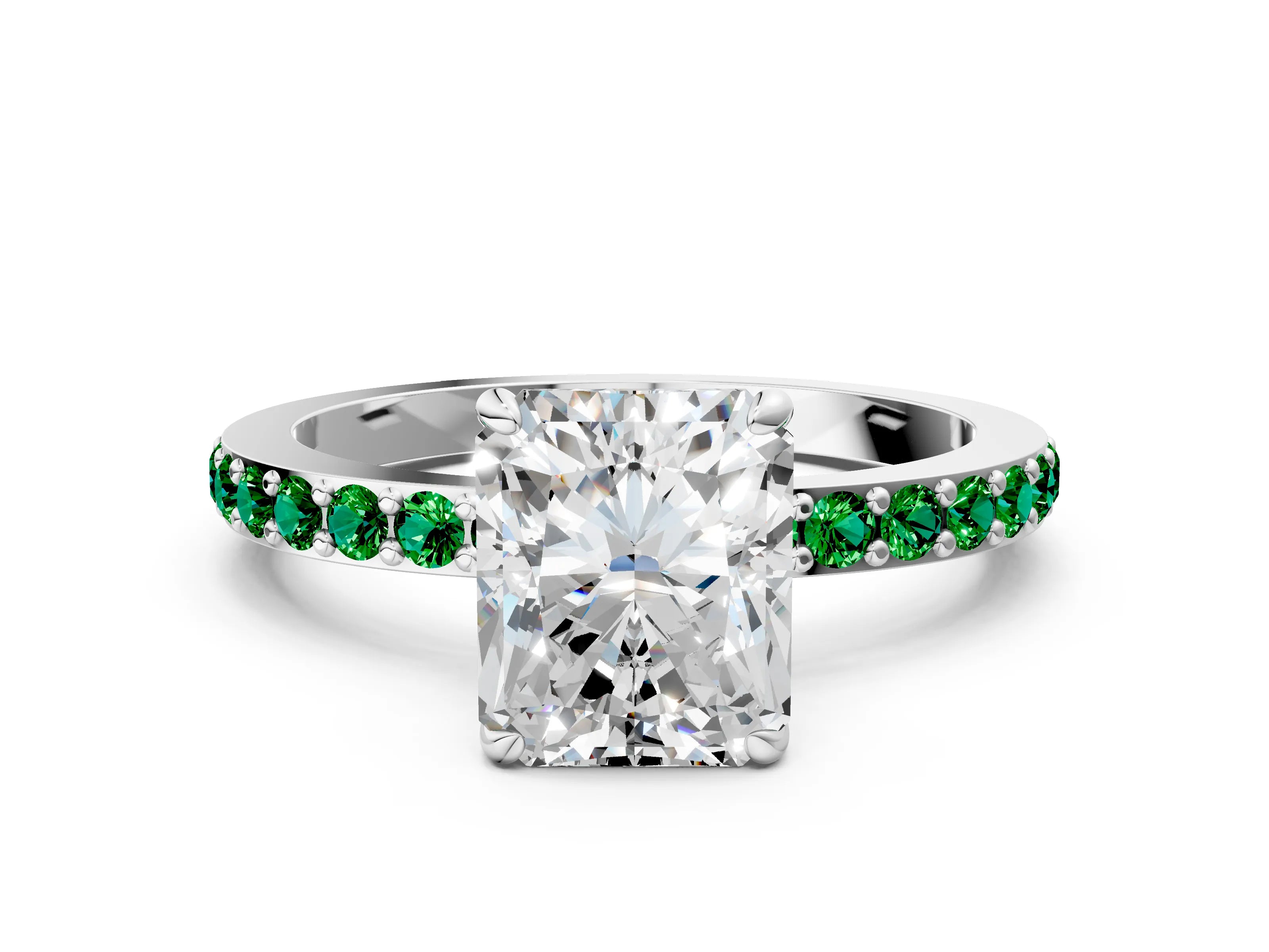 White gold Radiant Cut Diamond Pavé Engagement Ring with Round with Emerald side stone Accents and Prong Setting_36