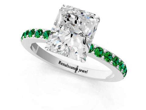 White gold Radiant Cut Diamond Pavé Engagement Ring with Round with Emerald side stone Accents and Prong Setting_37
