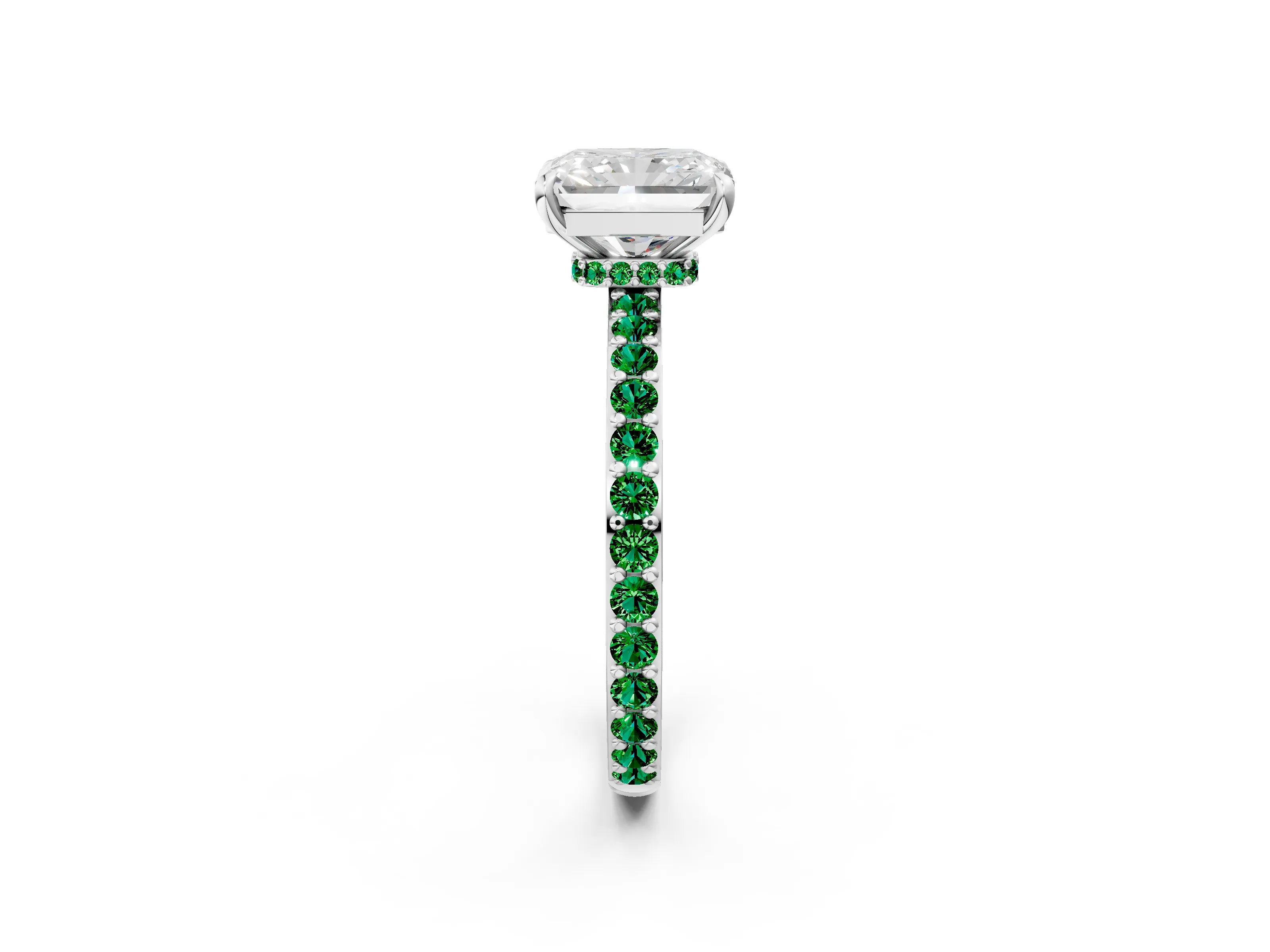 White gold Radiant Cut Diamond Pavé Engagement Ring with Round with Emerald side stone Accents and Prong Setting_38
