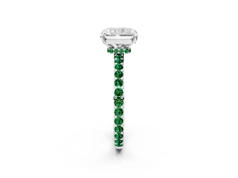 White gold Radiant Cut Diamond Pavé Engagement Ring with Round with Emerald side stone Accents and Prong Setting_38
