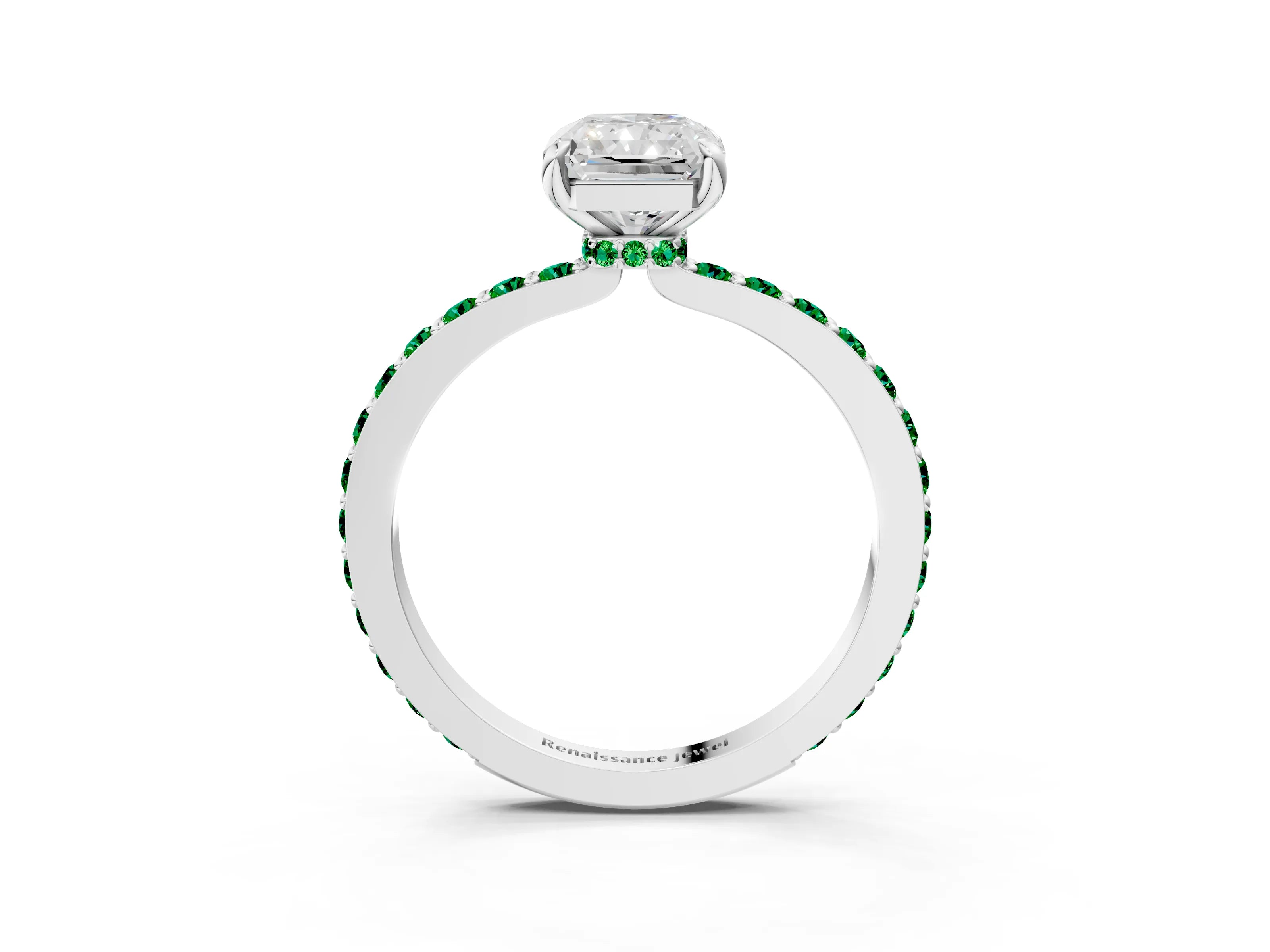 White gold Radiant Cut Diamond Pavé Engagement Ring with Round with Emerald side stone Accents and Prong Setting_39