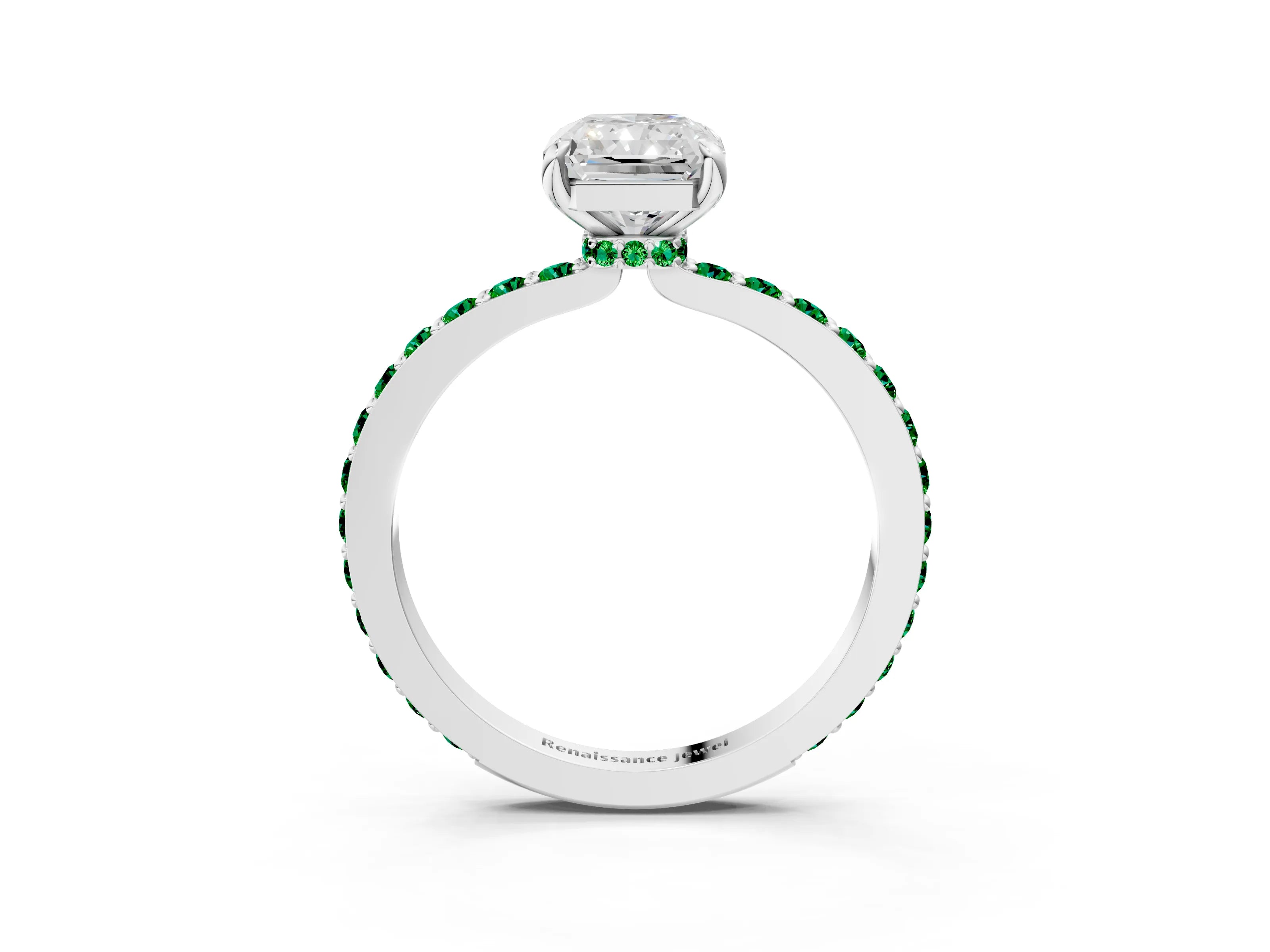 White gold Radiant Cut Diamond Pavé Engagement Ring with Round with Emerald side stone Accents and Prong Setting_3