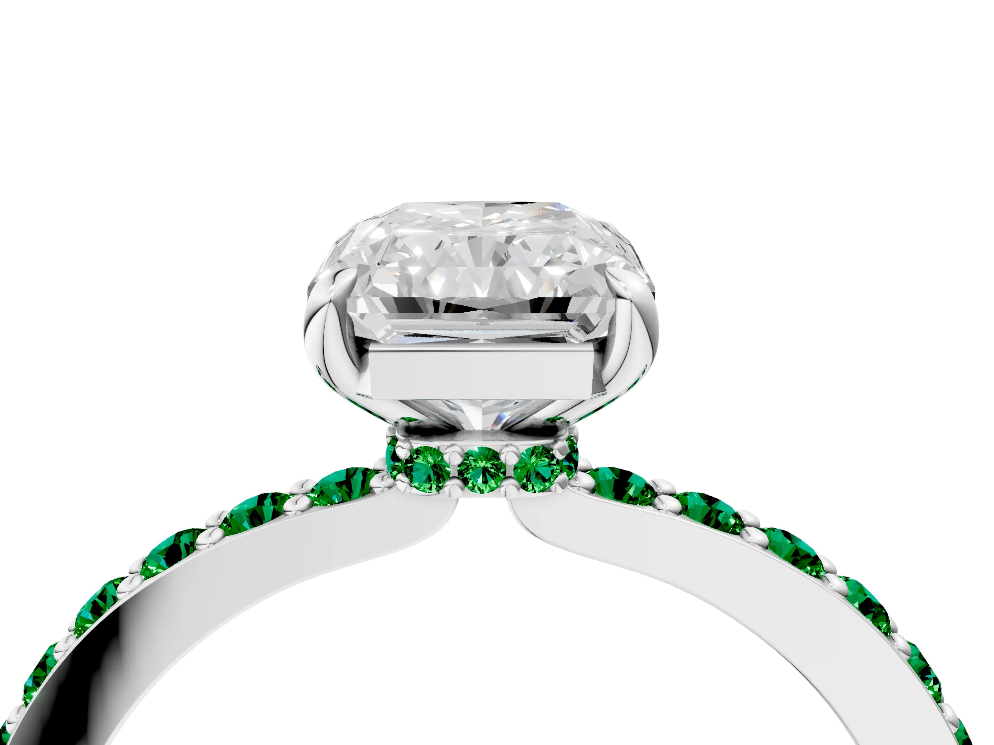 White gold Radiant Cut Diamond Pavé Engagement Ring with Round with Emerald side stone Accents and Prong Setting_4