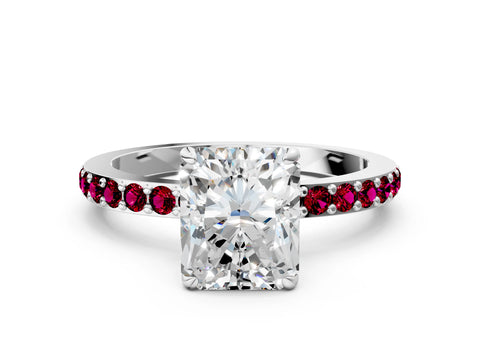 White gold Radiant Cut Diamond Pavé Engagement Ring with Round with Garnet side stone Accents and Prong Setting_12