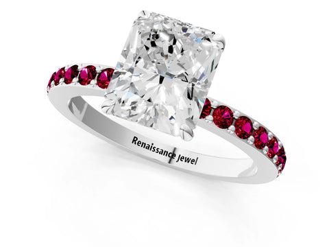 White gold Radiant Cut Diamond Pavé Engagement Ring with Round with Garnet side stone Accents and Prong Setting_13